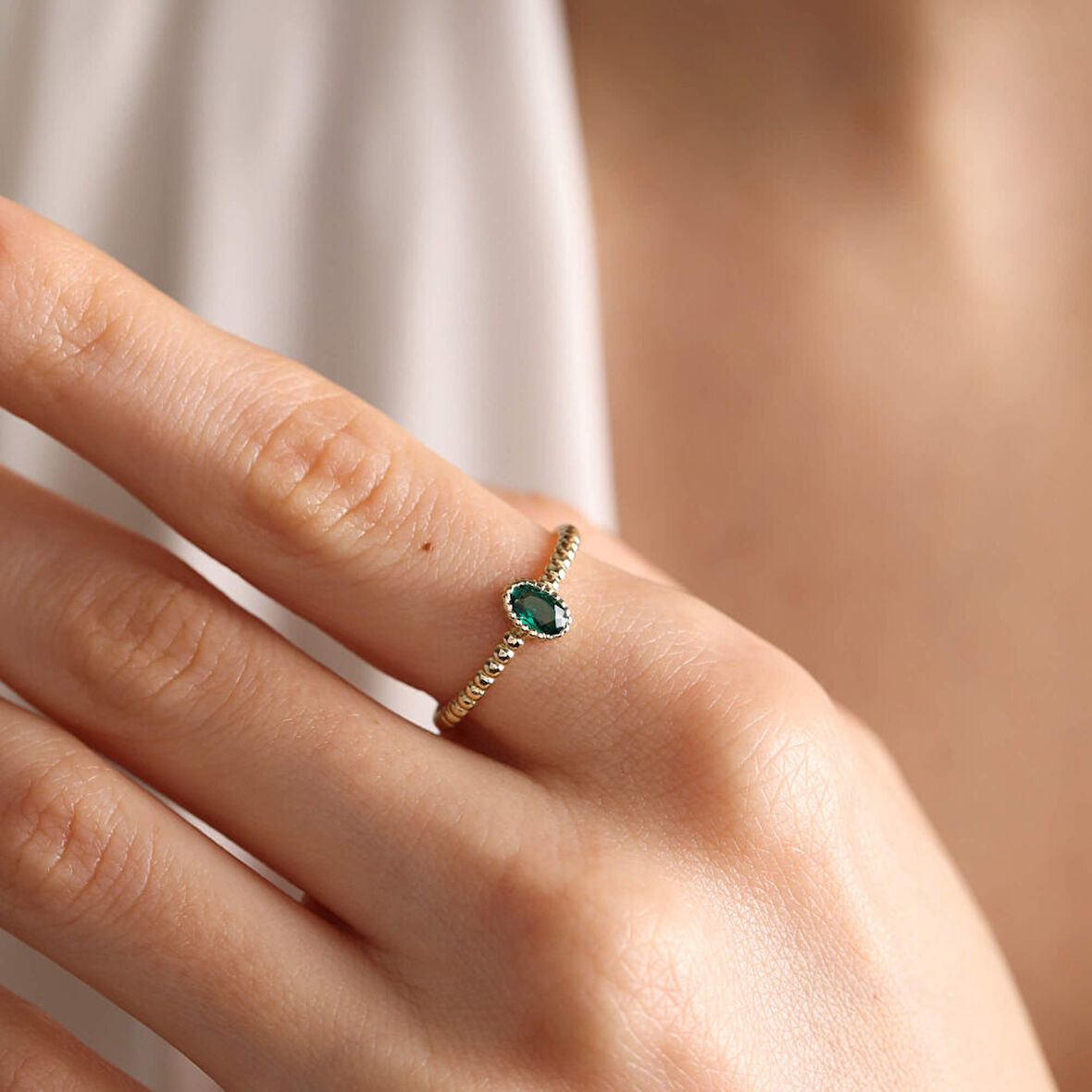 14 Ayar Altın Doğum Taşı Yüzük Burç Yüzükler Oval Emerald