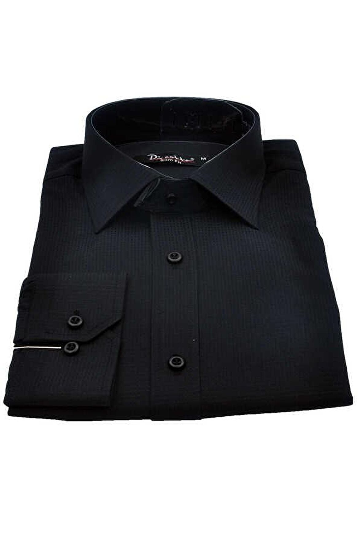Siyah Armür Desenli Slim Fit Düz Renk Uzun Kol Erkek Gömlek - 256-6
