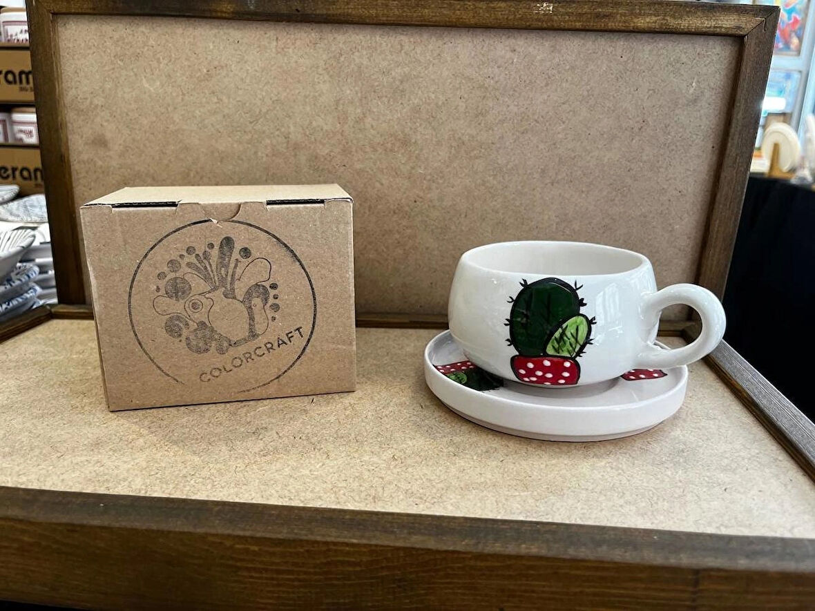 SERAMİK EL YAPIMI FİNCAN TAKIMI 2'Lİ SET KAKTÜS DESENLİ