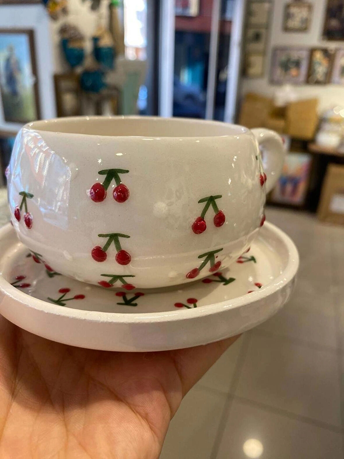 SERAMİK EL YAPIMI FİNCAN TAKIMI 2'Lİ SET KİRAZ TANESİ DESENLİ
