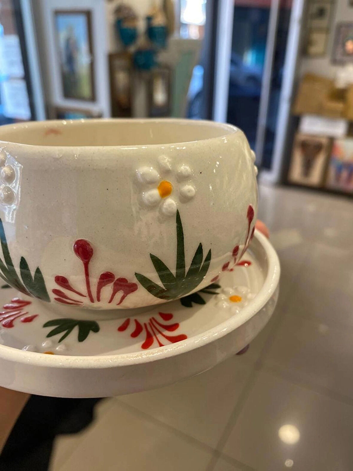 SERAMİK EL YAPIMI FİNCAN TAKIMI 2'Lİ SET KIRMIZI ve PAPATYA DESENLİ