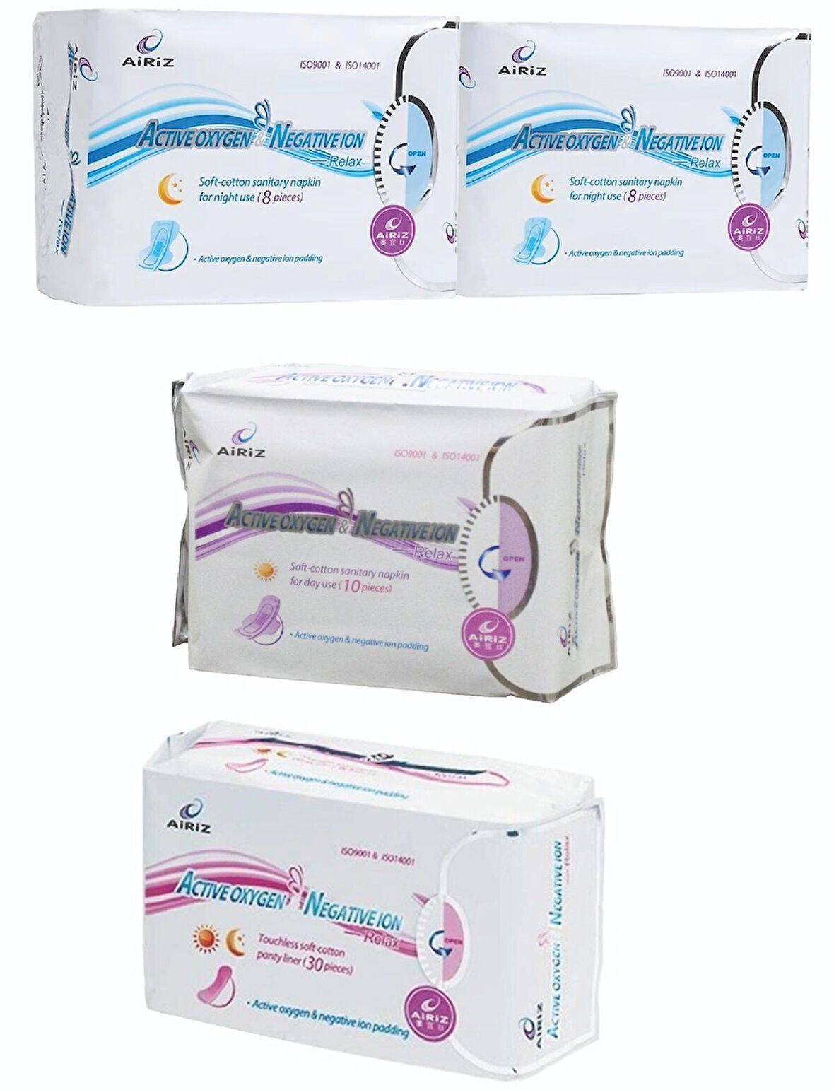 Airiz 8Li Gece 2 Paket + 10Lu Gündüz 1 Paket + 30Lu Günlük 1 Paket Hijyenik Kadın Pedi Seti (4 Paket 56 Adet)