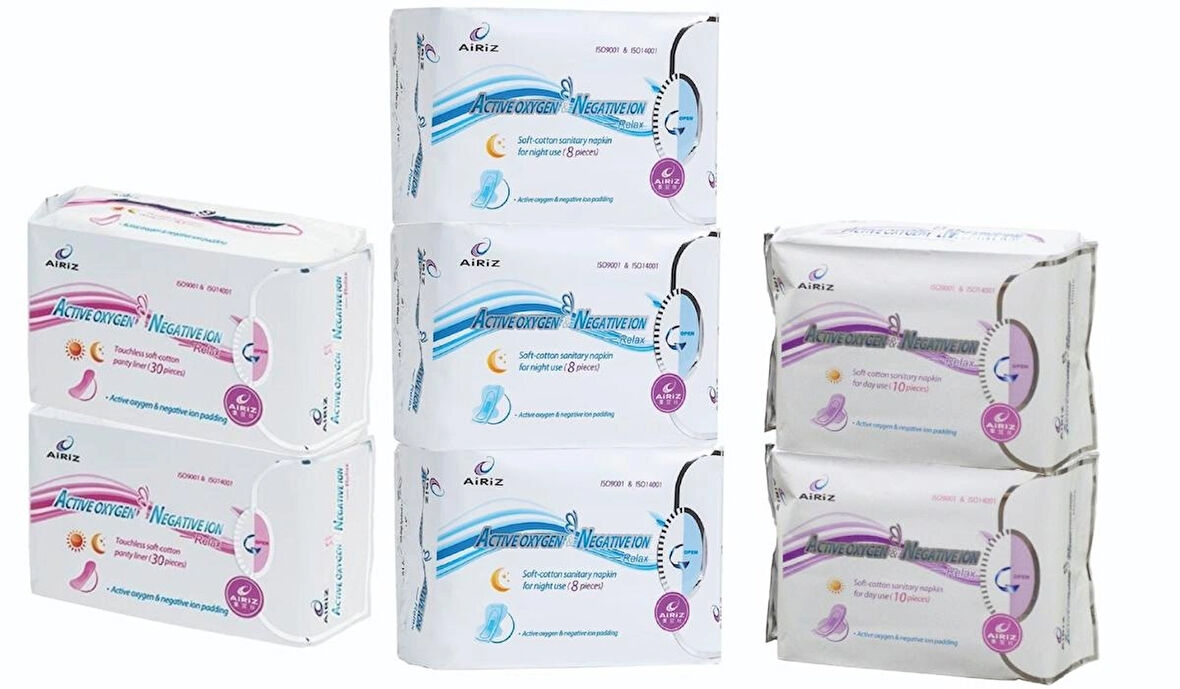 Airiz 8Li Gece 3 Paket + 10Lu Gündüz 2 Paket + 30Lu Günlük 2 Paket Hijyenik Kadın Pedi Seti (7 Paket 104 Adet)