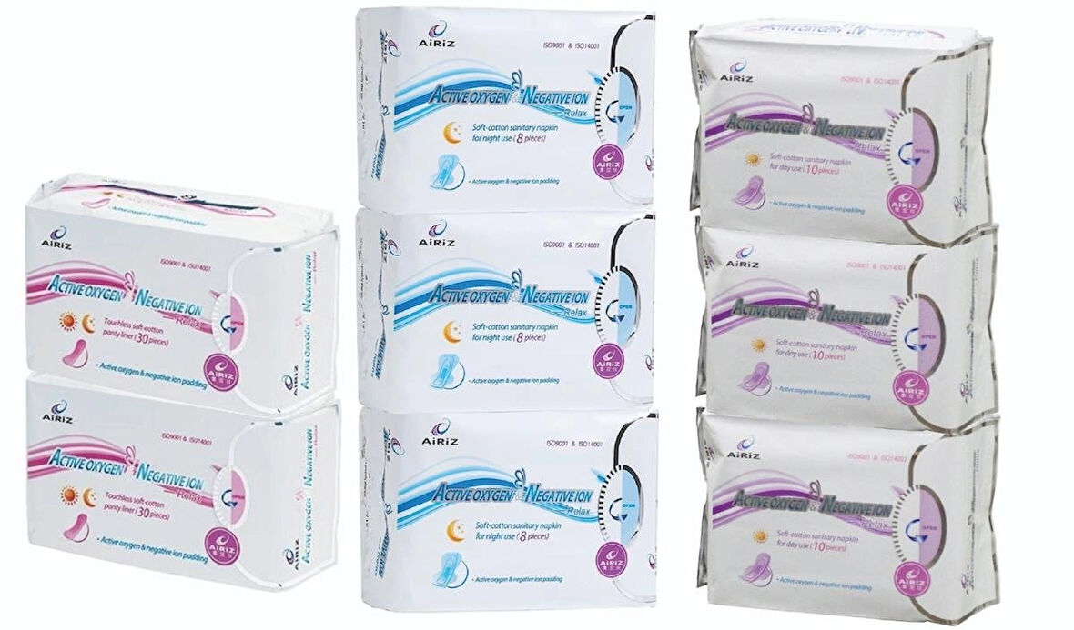 Airiz 8Li Gece 3 Paket + 10Lu Gündüz 3 Paket + 30Lu Günlük 2 Paket Hijyenik Kadın Pedi Seti (8 Paket 114 Adet)