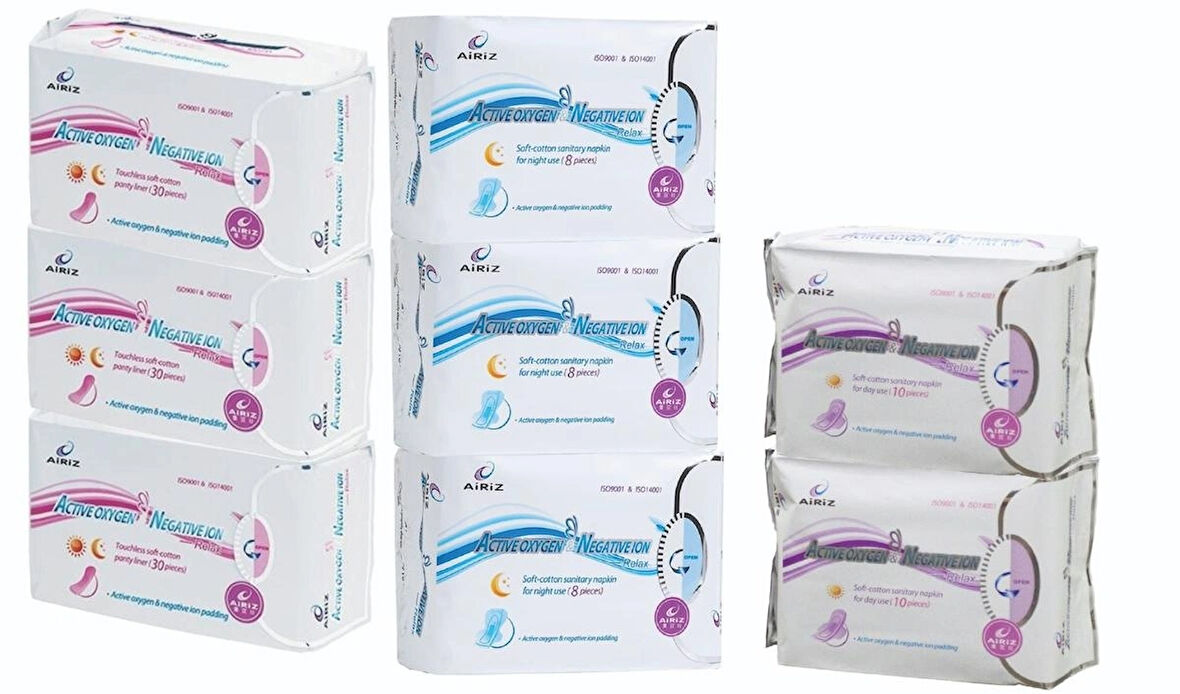 Airiz 8Li Gece 3 Paket + 30Lu Günlük 3 Paket + 10Lu Gündüz 2 Paket Hijyenik Kadın Pedi Seti (8 Paket 134 Adet)