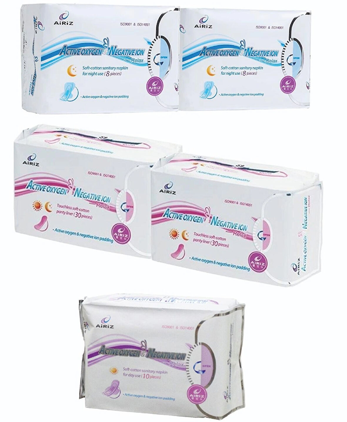 Airiz 8Li Gece 2 Paket + 30Lu Gündüz 2 Paket + 10Lu Günlük 1 Paket Hijyenik Kadın Pedi Seti (5 Paket 86 Adet)