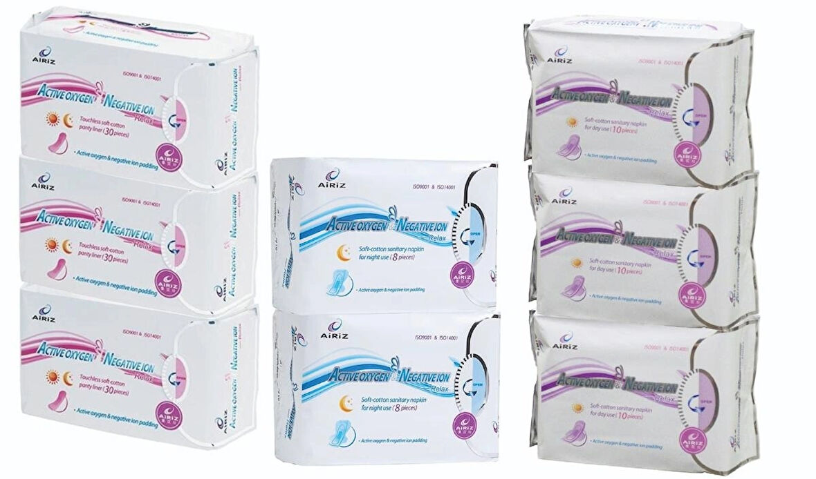 Airiz 10Lu Gündüz 3 Paket + 30Lu Günlük 3 Paket + 8Li Gece 2 Paket Hijyenik Kadın Pedi Seti (8 Paket 136 Adet)