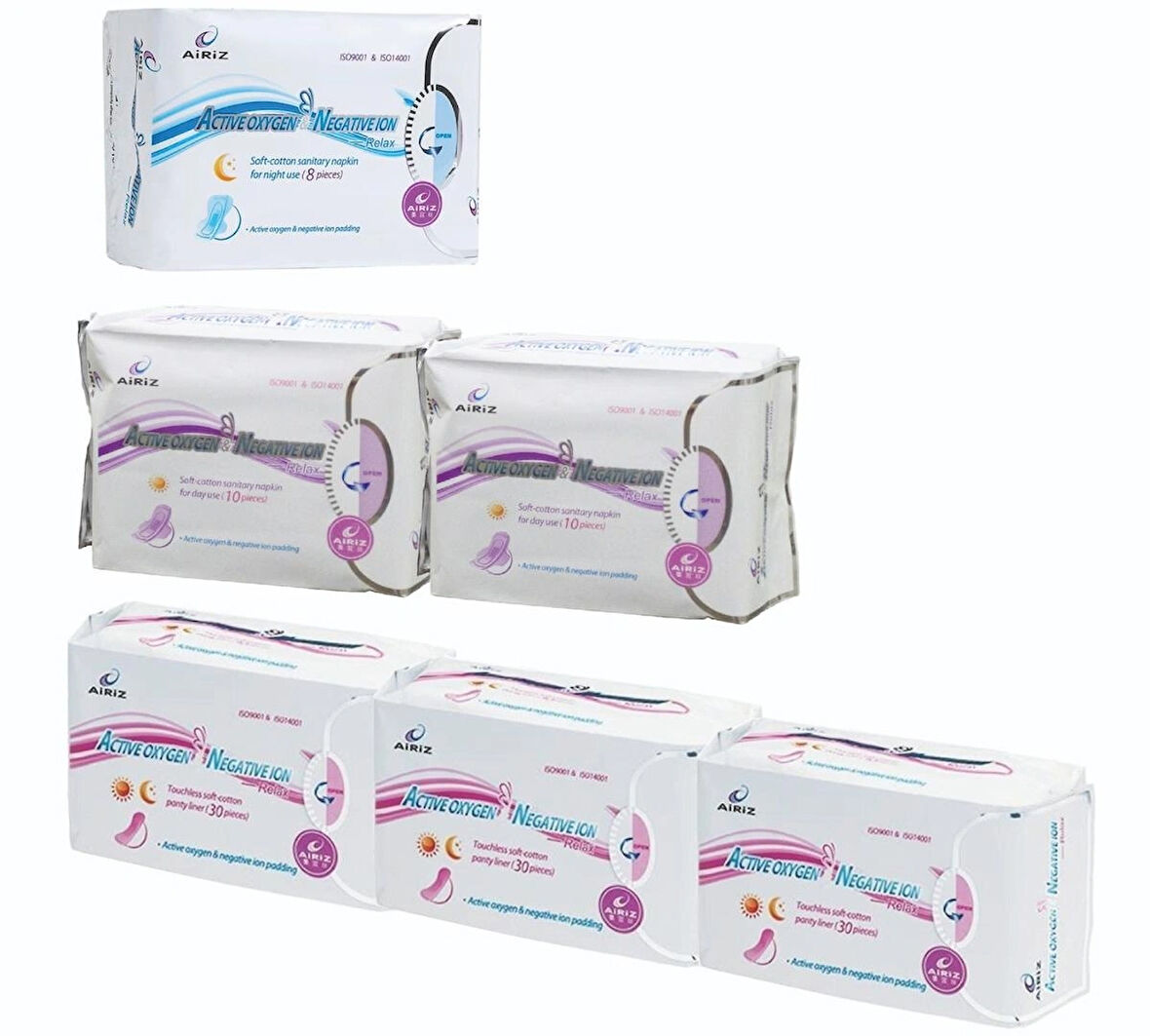 Airiz 30Lu Günlük 3 Paket + 10Lu Gündüz 2 Paket + 8Li Gece 1 Paket Hijyenik Kadın Pedi Seti (6 Paket 118 Adet)