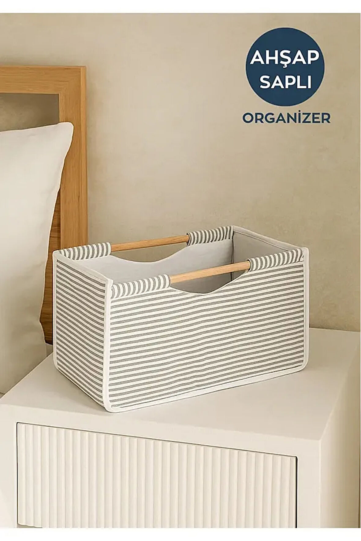 (2 ADET) ALAS Tahta Saplı Kumaş Kutu Organizer/Düzenleyici 32x17x18cm