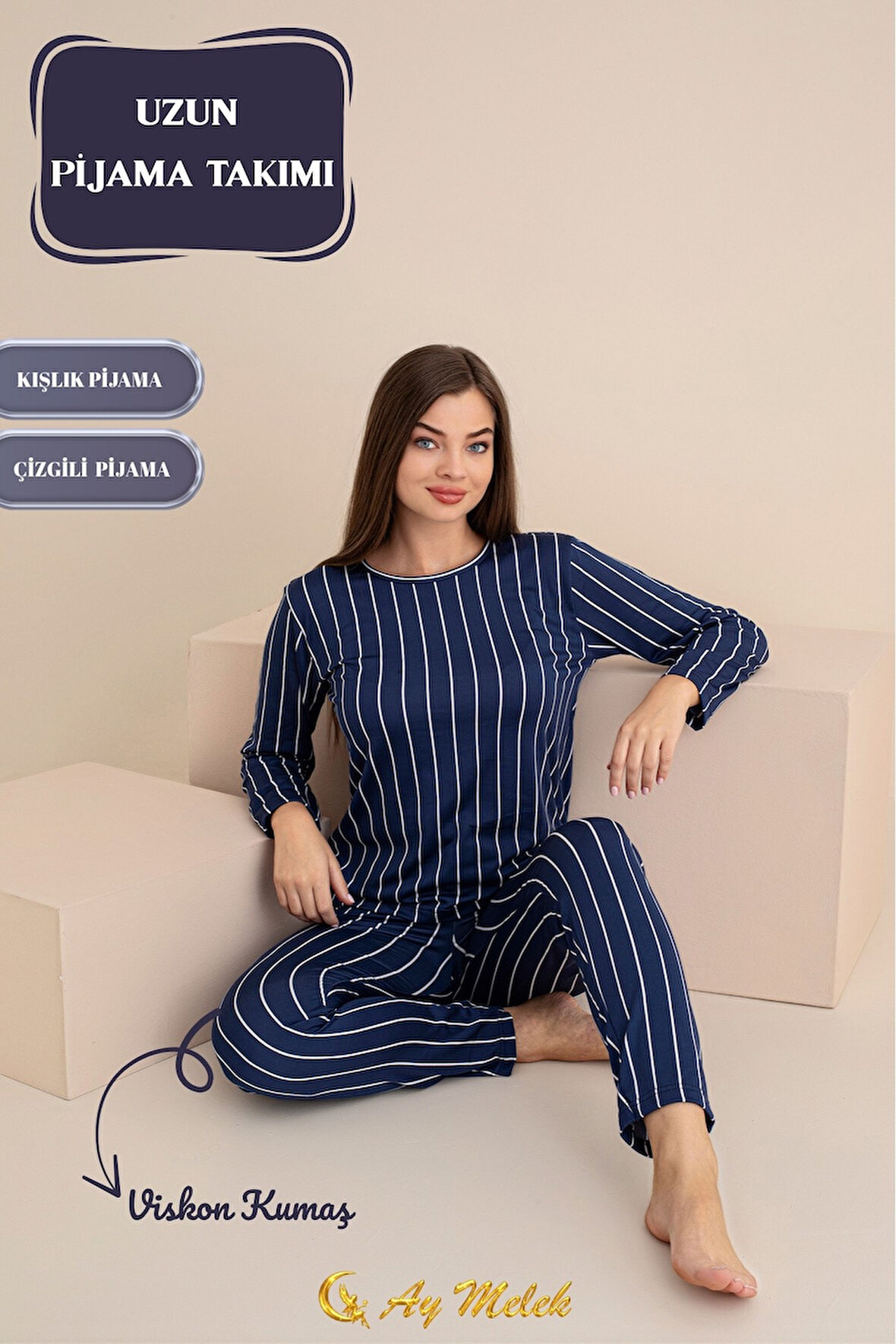 Kadın Pijama Takımı Desenli Pamuklu Bisiklet Yaka Takım