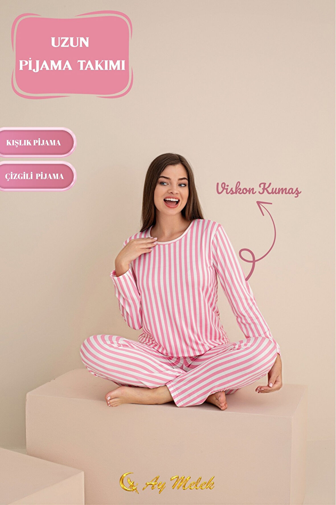 Kadın Pijama Takımı Desenli Pamuklu Bisiklet Yaka Takım