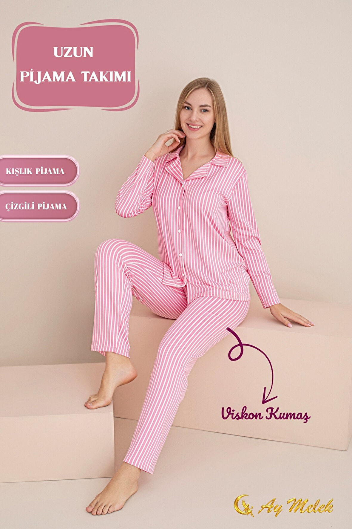 Kadın Pijama Takımı Pamuklu Polo Yaka Çizgili Takım
