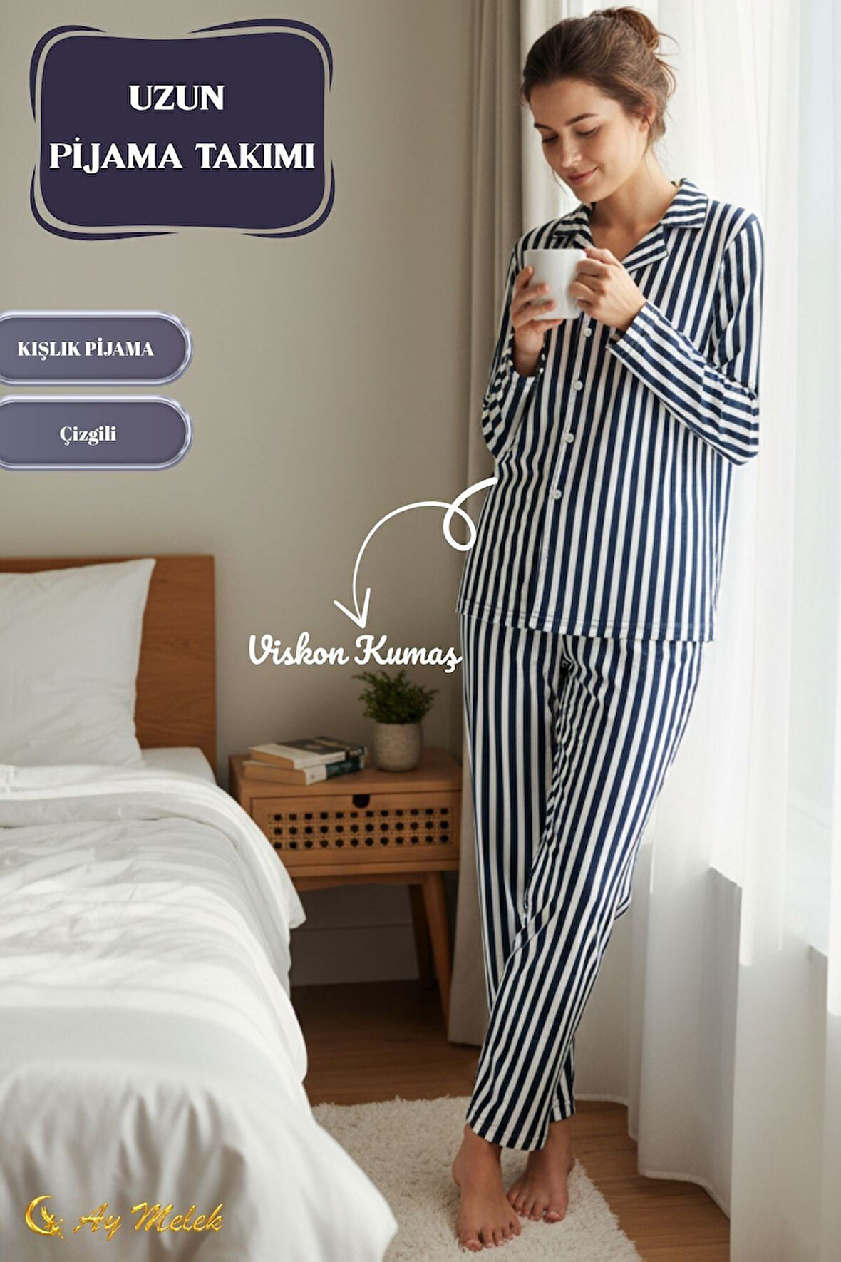 Kadın Pijama Takımı Pamuklu Polo Yaka Çizgili Takım