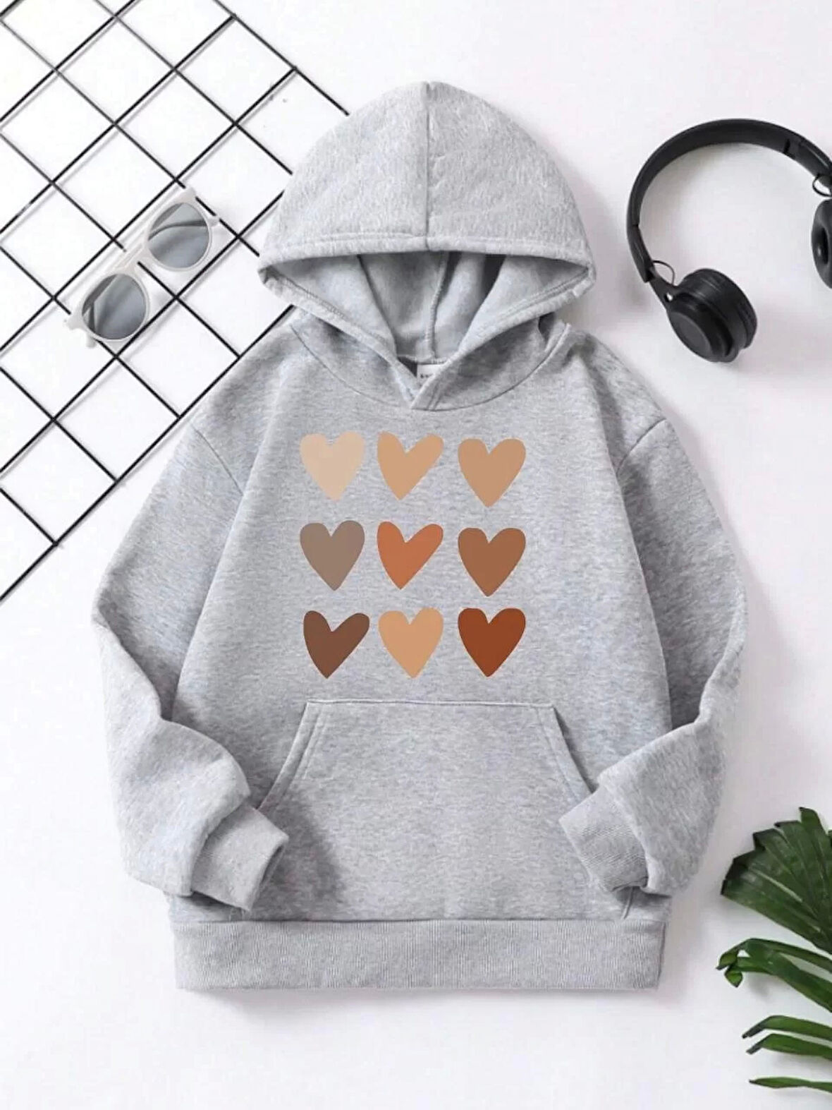 Çocuk Unisex Kapüşonlu Mini Kalpli Baskılı Sweatshirt - Gri