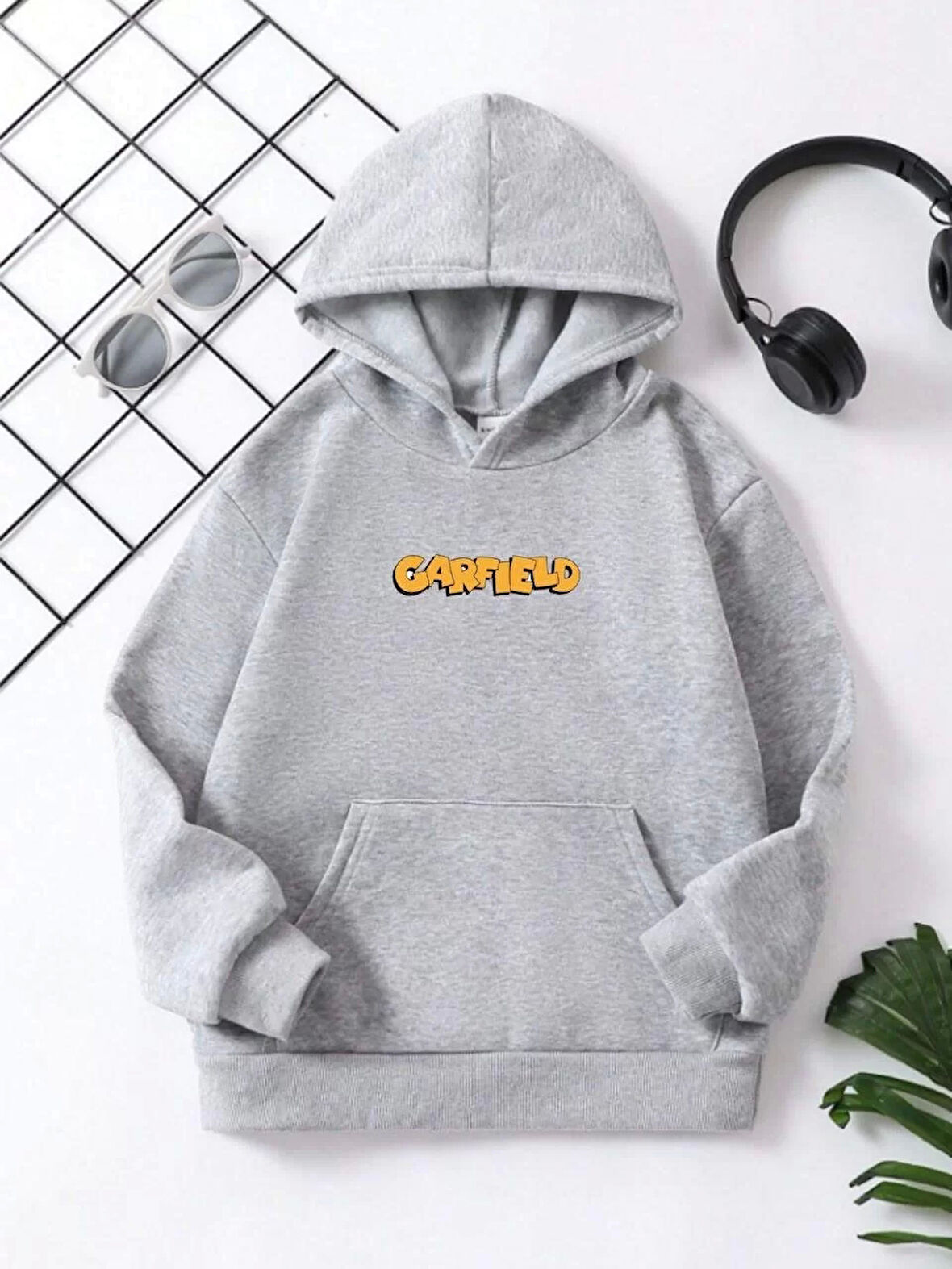 Çocuk Unisex Kapüşonlu Garfield Baskılı Sweatshirt - Gri