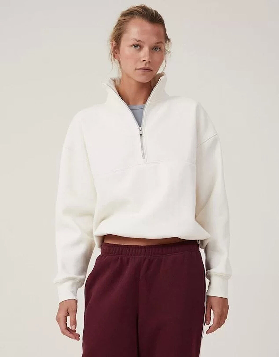 Oversize Yarım Farmuarlı Yakalı Basic SweatShirt - Beyaz