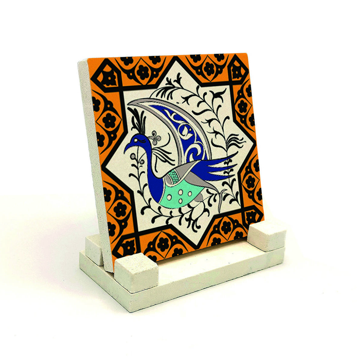 Tavus Kuşu Figürlü, Anadolu Selçuklu Yıldız MotifiBaskılı Doğaltaş Masaüstlük