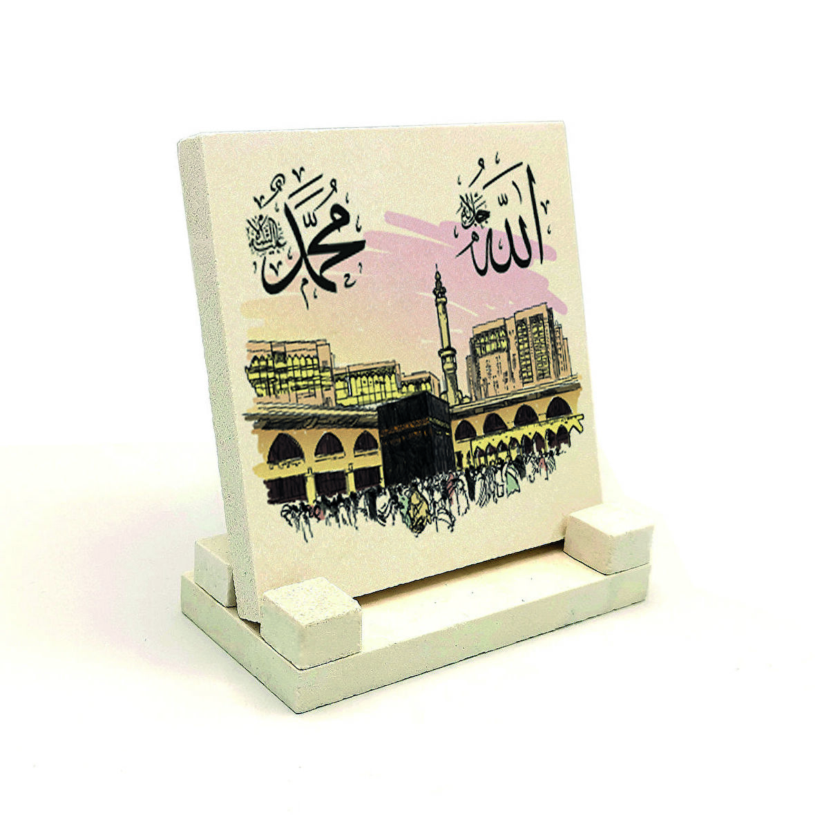 Kabe-i Şerif Görseli Üzerinde Allah ve MuhammedYazılı Doğaltaş Masaüstlük