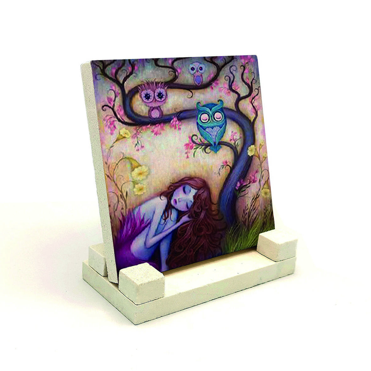 Baykuşlar ve kızBaskılı Doğaltaş Masaüstlük