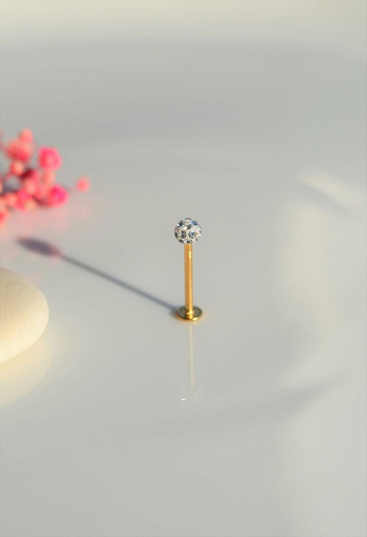 Taşlı Top Uçlu Çelik Piercing Dudak Dil 12 mm Gold