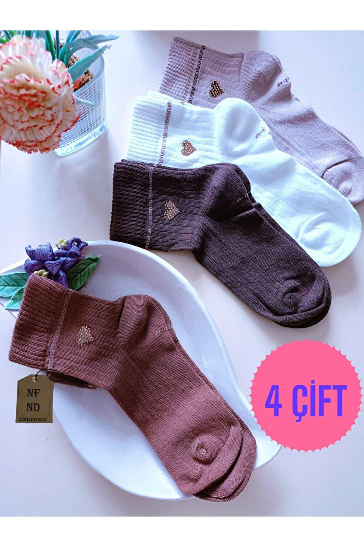 4 ÇİFT TAŞLI KALPLİ KOKULU LİKRA KISAKONÇ DİKİŞSİZ ÇORAP PAMUK BEJ EKRU VİZON KAHVE KADINÇORABI36-40