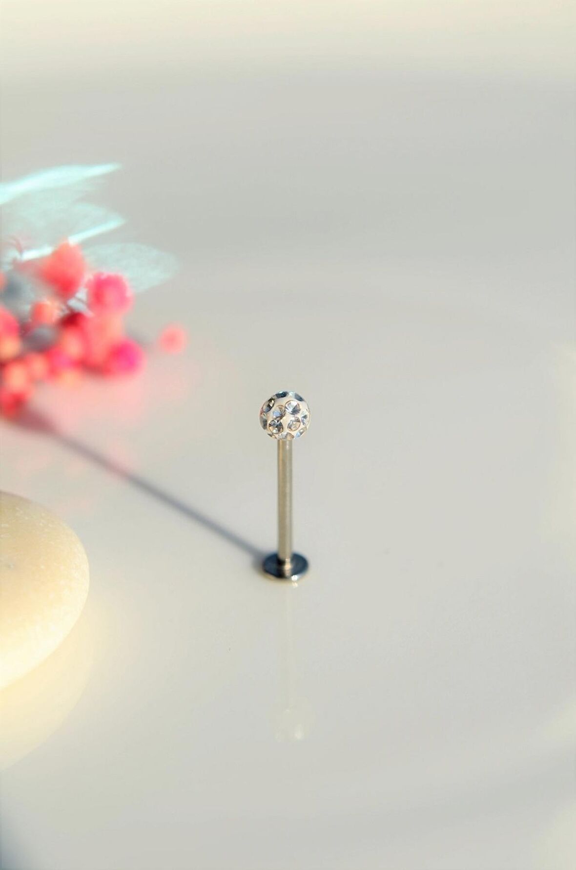 Taşlı Top Uçlu Çelik Piercing Dudak Dil 12 mm Gümüş Renk