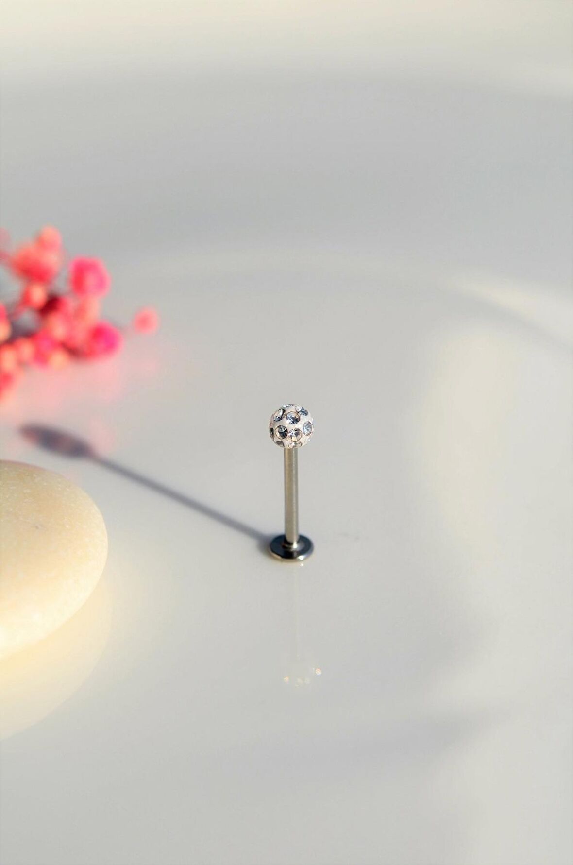 Taşlı Top Uçlu Çelik Piercing Dudak Dil 10 mm Gümüş Renk