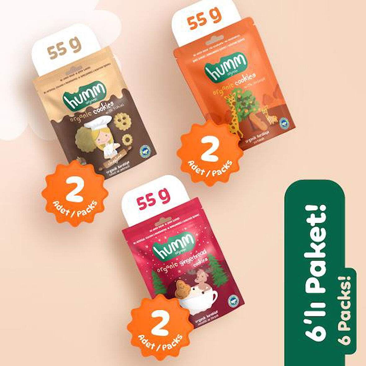 Organik Vegan Zencefilli Tahinli ve Portakallı Tatlı Kurabiyeler Atıştırmalık Paketi - 6 adet (3 çeşit)