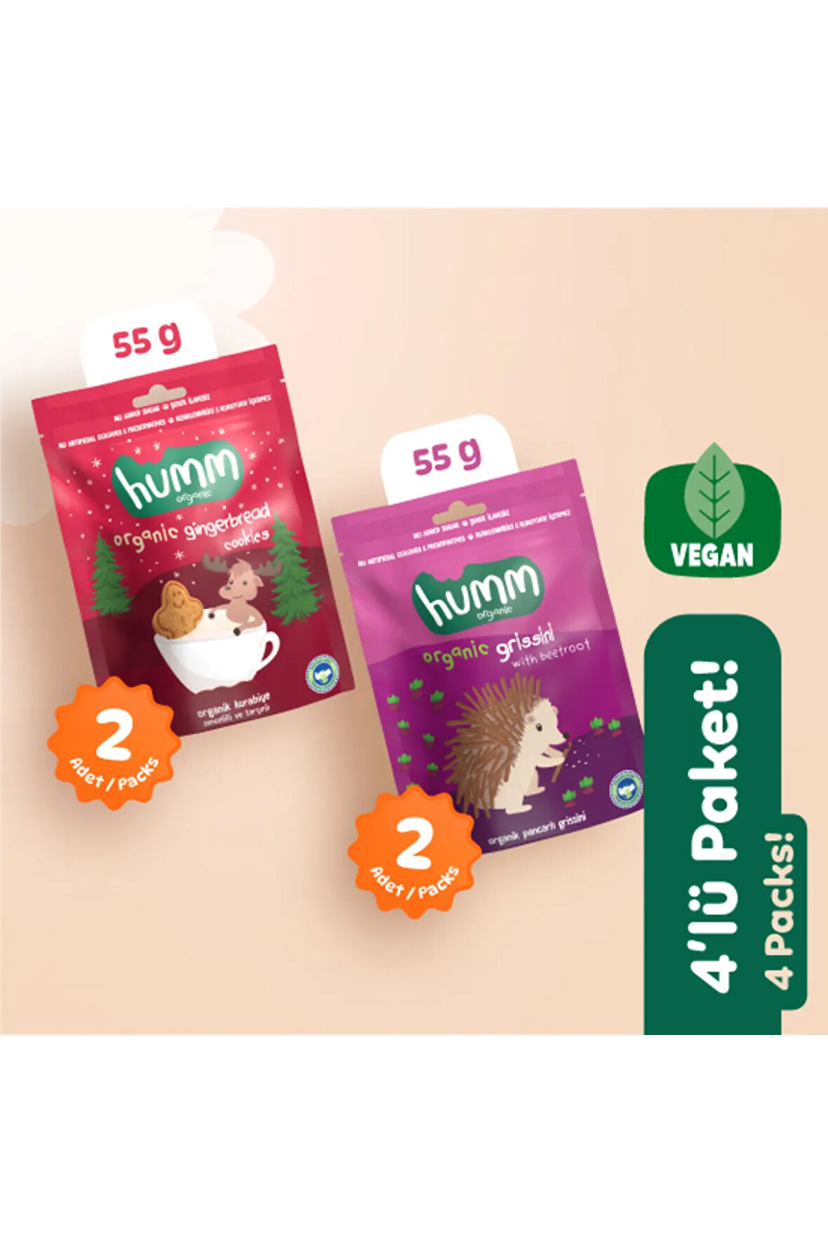 Humm Organic Organik Vegan Tatlı & Tuzlu Atıştırmalık Paketi - 55 G X 4 adet (2 çeşit)