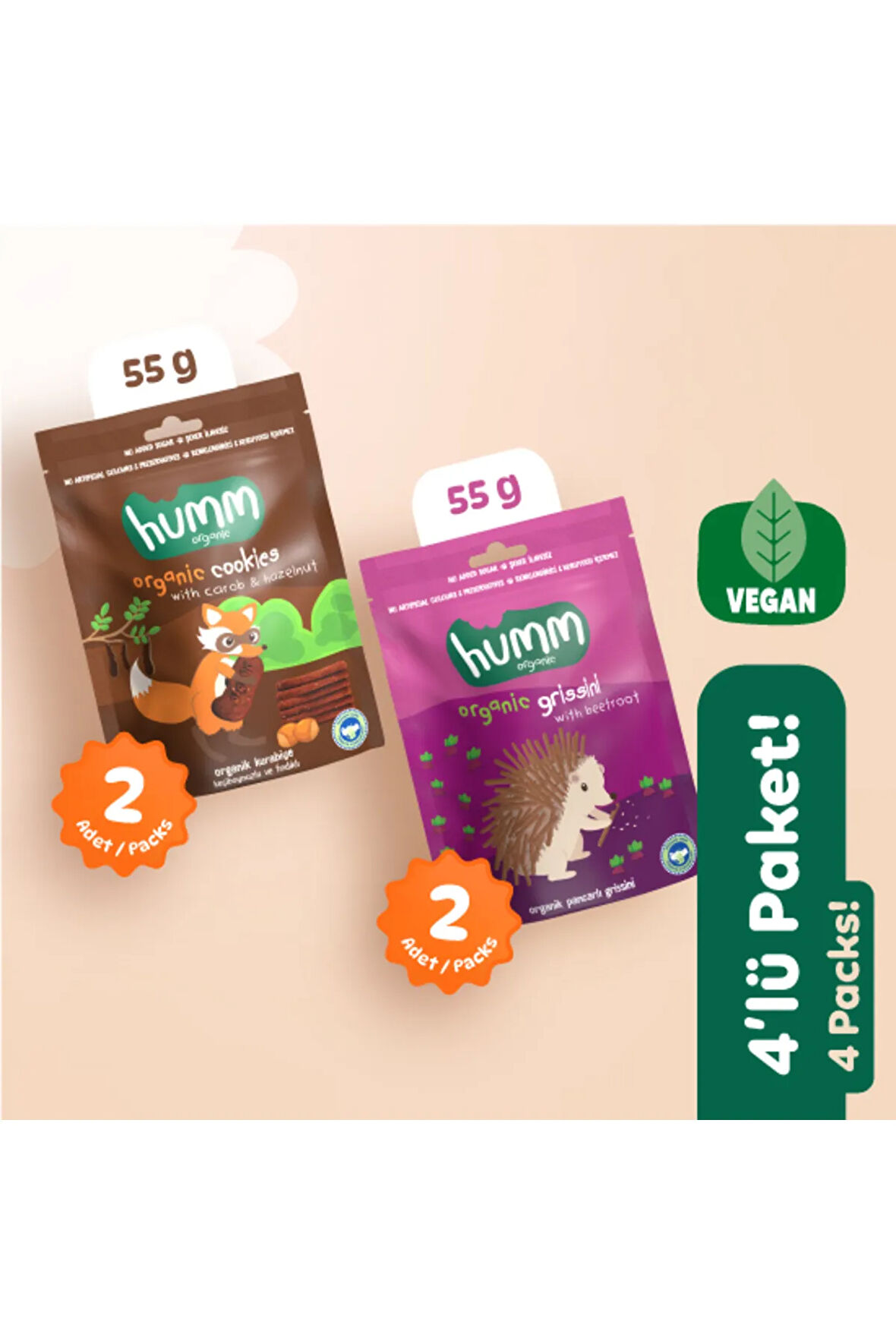 Humm Organic Organik Vegan Tatlı Kurabiye & Tuzlu Grissini Atıştırmalık Paketi - 55 G X 4 adet (2 çeşit)