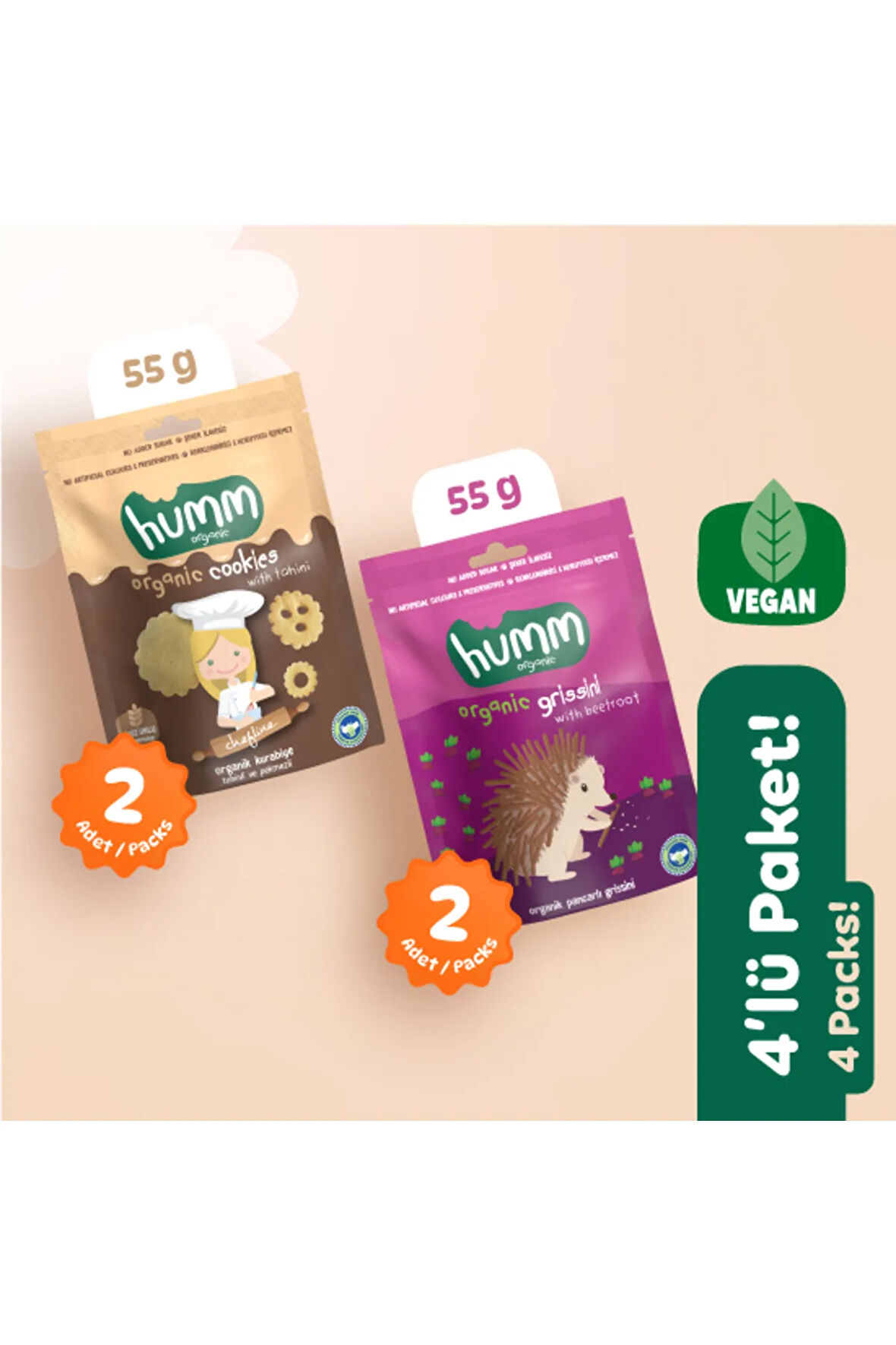 Humm Organic Organik Vegan Tuzlu Grissini & Tatlı Kurabiyeler Atıştırmalık Paketi - 55 G X 4 adet (2 çeşit)