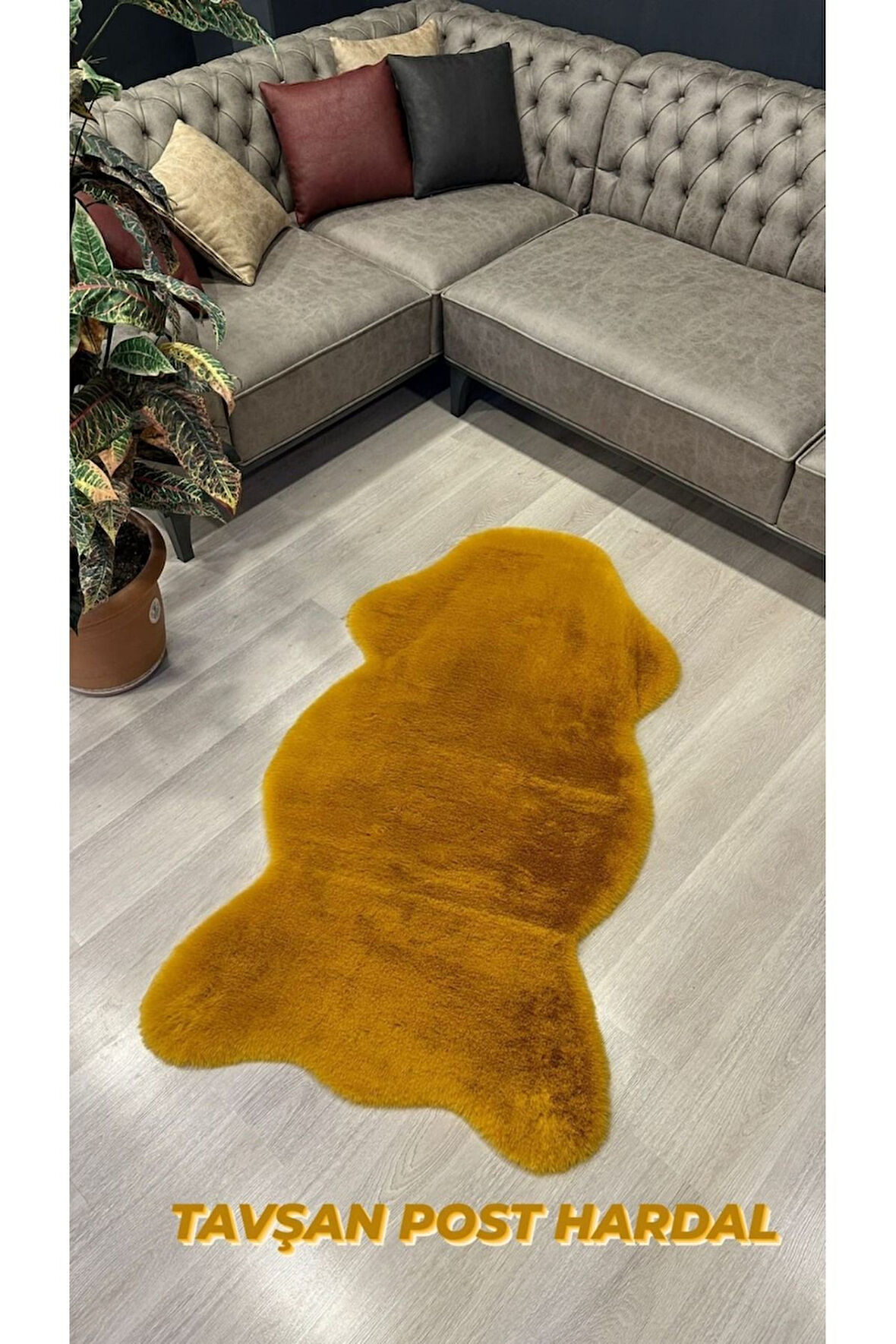 Aries Home Tavşan Tüyü Hardal Yumuşak Makinada Yıkanabilir Kaymaz Ve Toplanmaz Süet Taban Post Halı