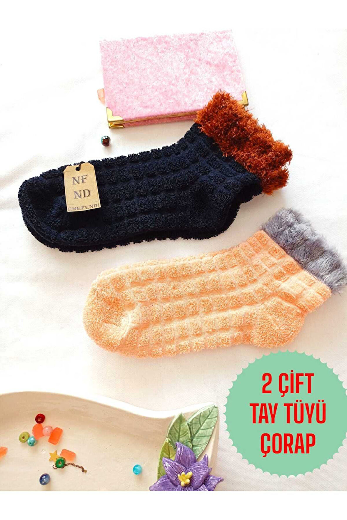 2 ÇİFT TAY TÜYÜ TERS HAVLU PATİK ÇORABI KABARTMALI KOKULU YILBAŞI HEDİYE LACİVER TURUNCU ÇORAP 36-40