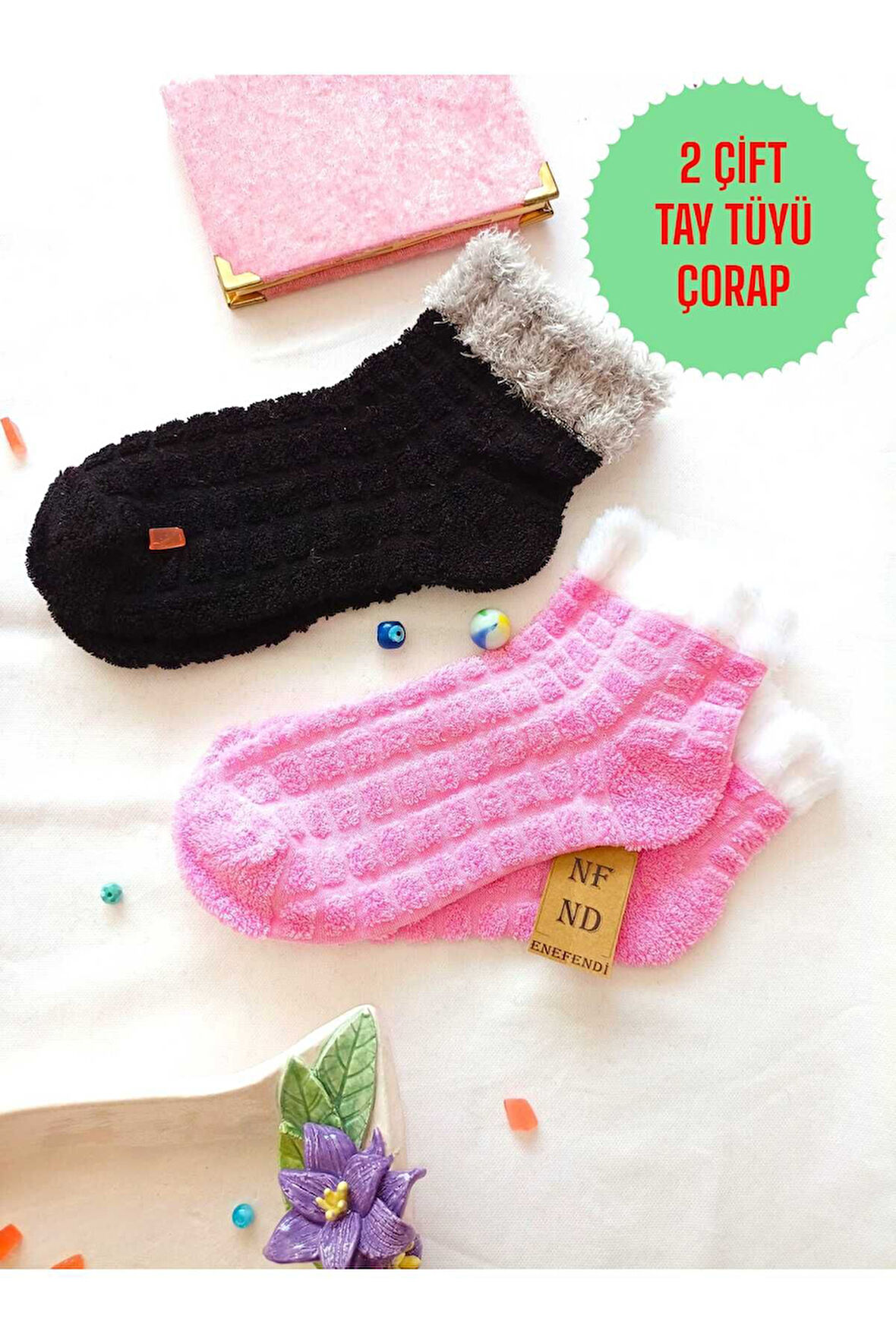 2 ÇİFT TAY TÜYÜ TERS HAVLU PATİK ÇORABI KABARTMALI KOKULU YILBAŞI HEDİYE SİYAHGRİ PEMBE ÇORAP 36-40