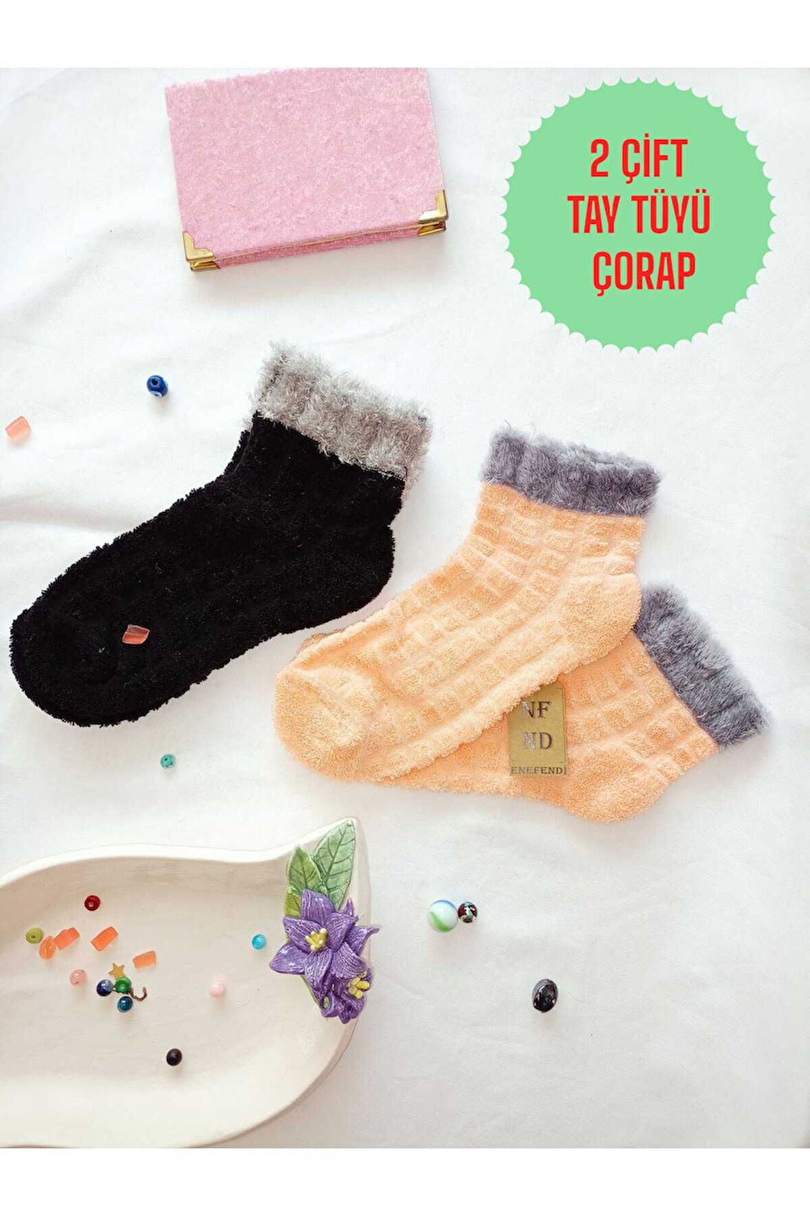 2 ÇİFT TAY TÜYÜ TERS HAVLU PATİK ÇORABI KABARTMALI KOKULU YILBAŞI HEDİYE TURUNCU SİYAH 36-40