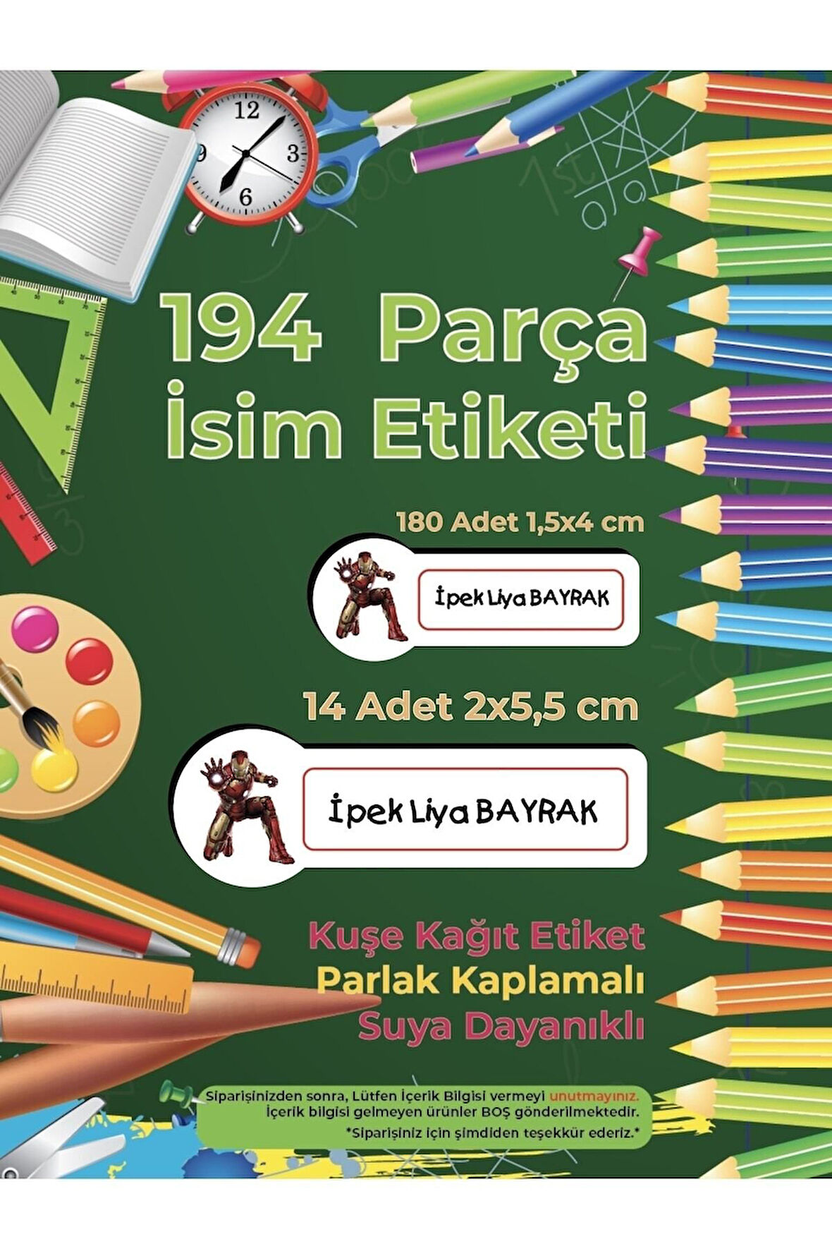 Okul Etiketi Kalem Defter Etiketi, Iron Man Etiketi - 194 Adet Opak Sticker