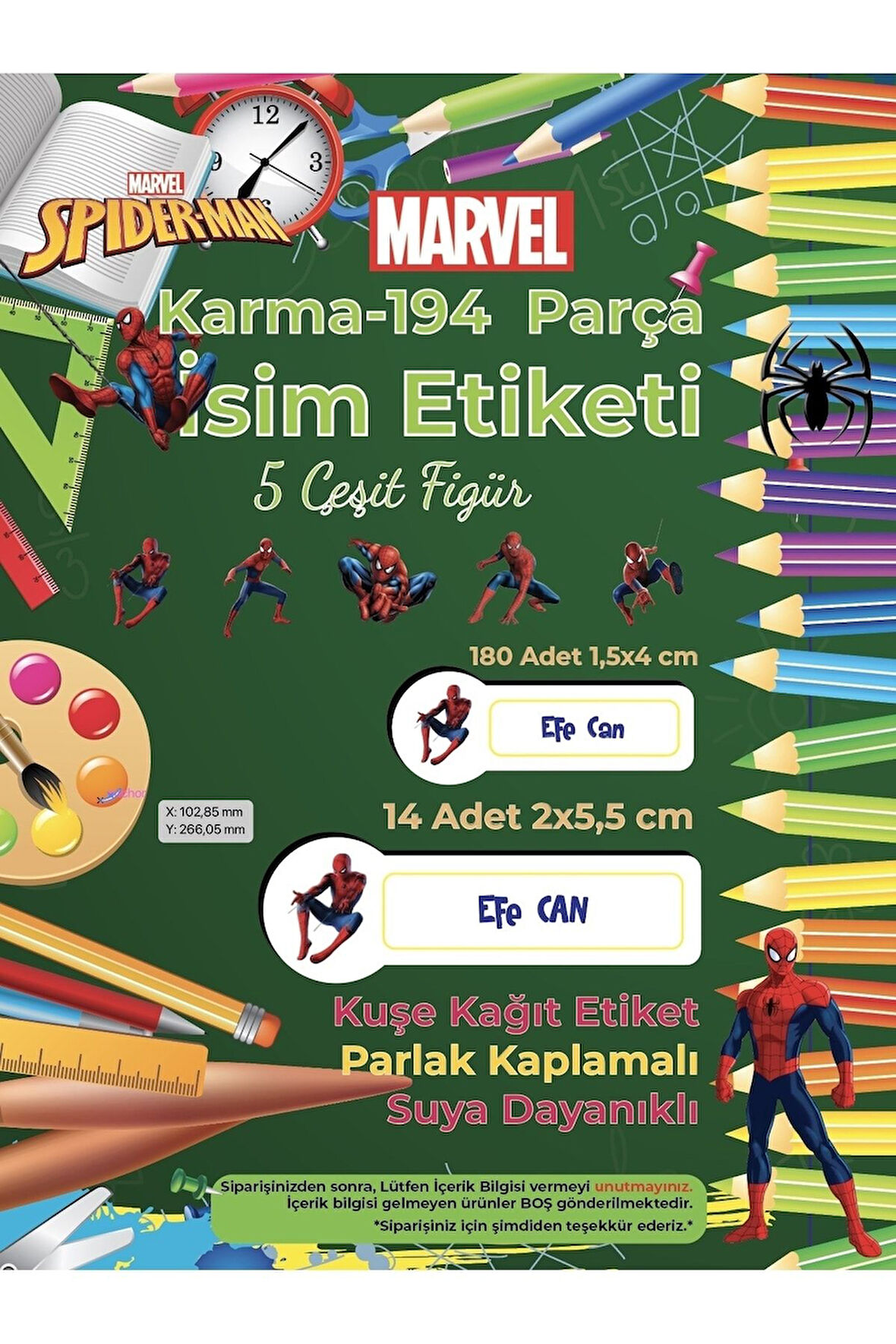 Okul Etiketi Kalem Defter Etiketi, Örümcek Adam, Spider Man Etiketi - 40 Adet 5cm Opak Sticker