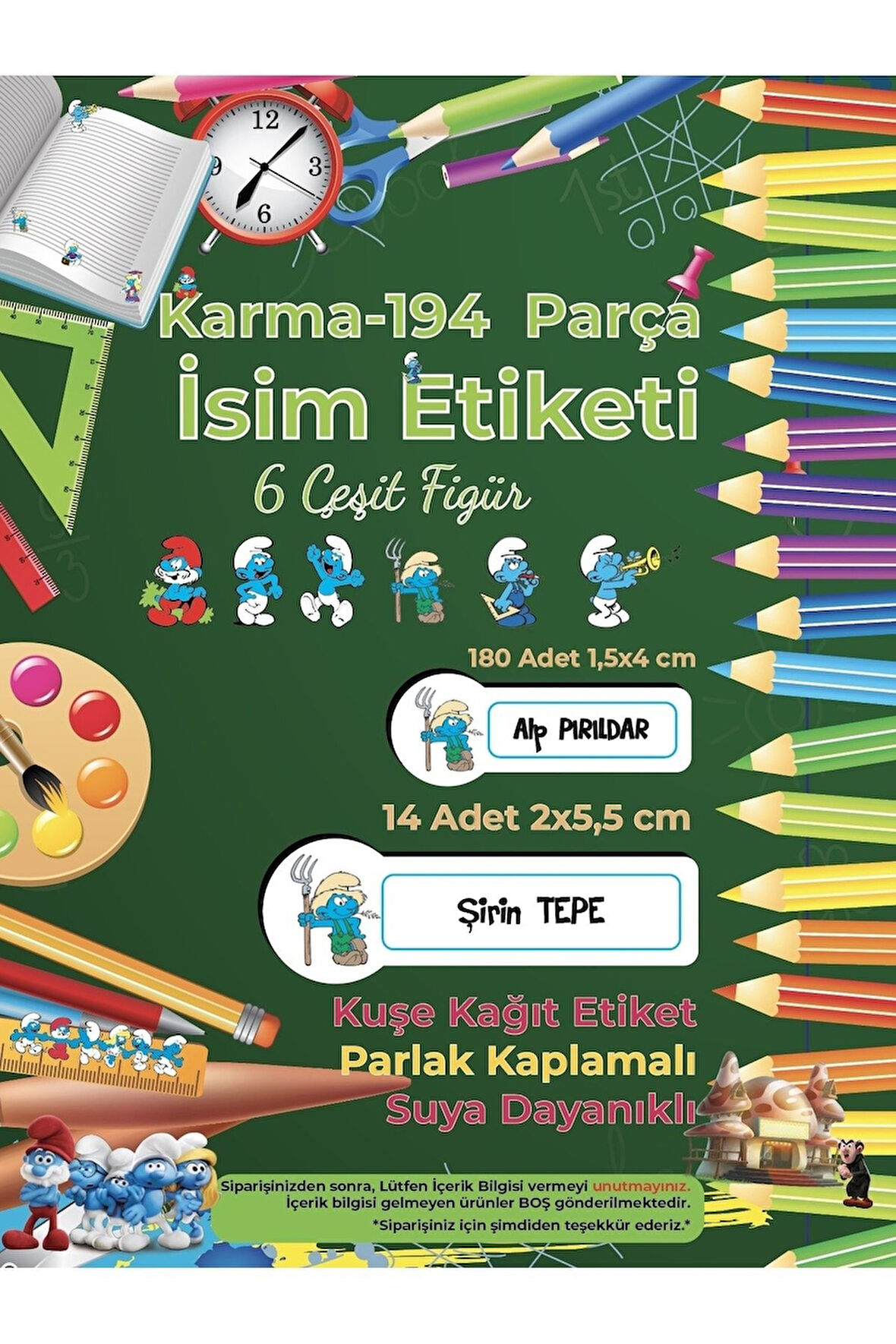 Okul Etiketi Kalem Defter Etiketi, Şirinler v1 Etiketi - 194 Adet Opak Sticker