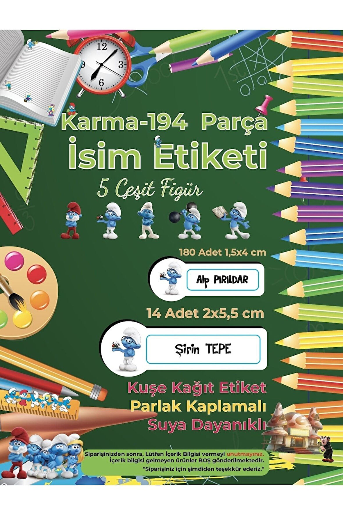 Okul Etiketi Kalem Defter Etiketi, Şirinler v3 Etiketi - 194 Adet Opak Sticker
