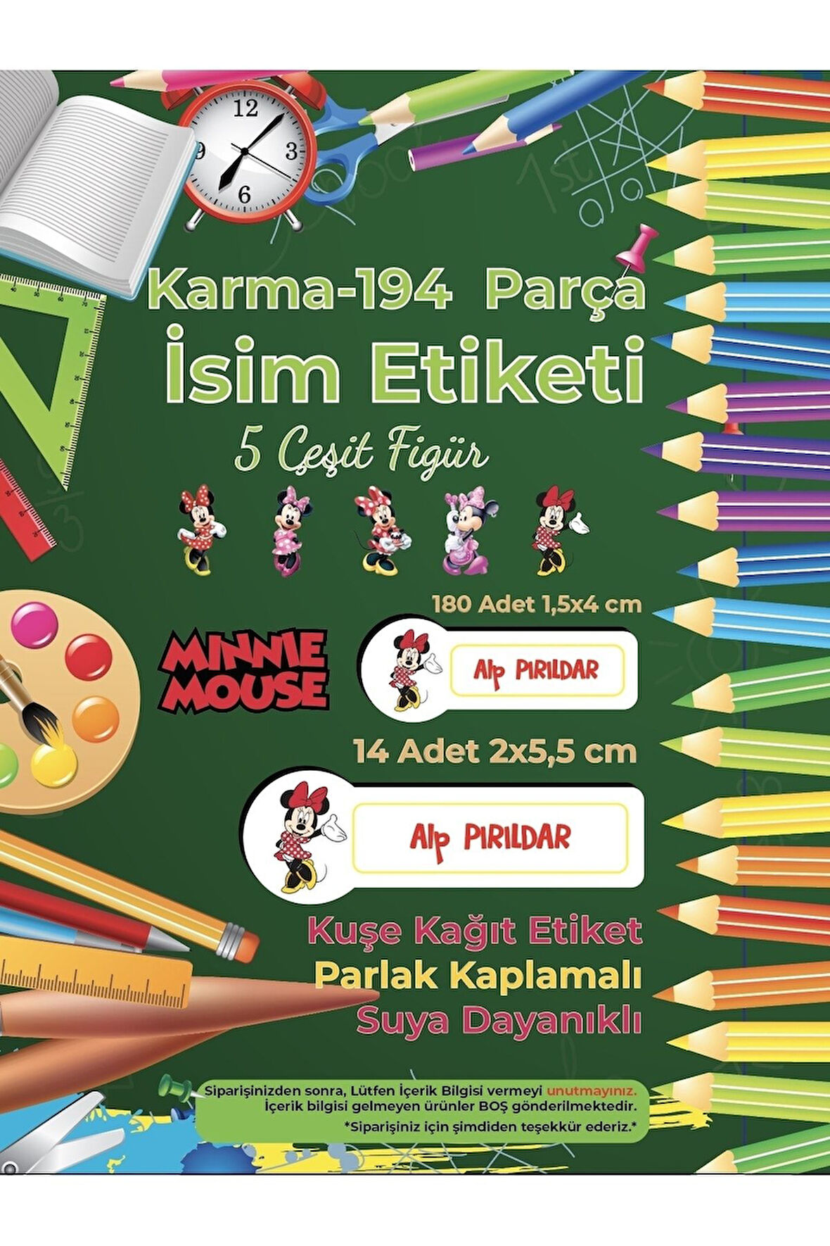 Okul Etiketi Kalem Defter Etiketi, Minnie Mouse Etiketi - 194 Adet Opak Sticker