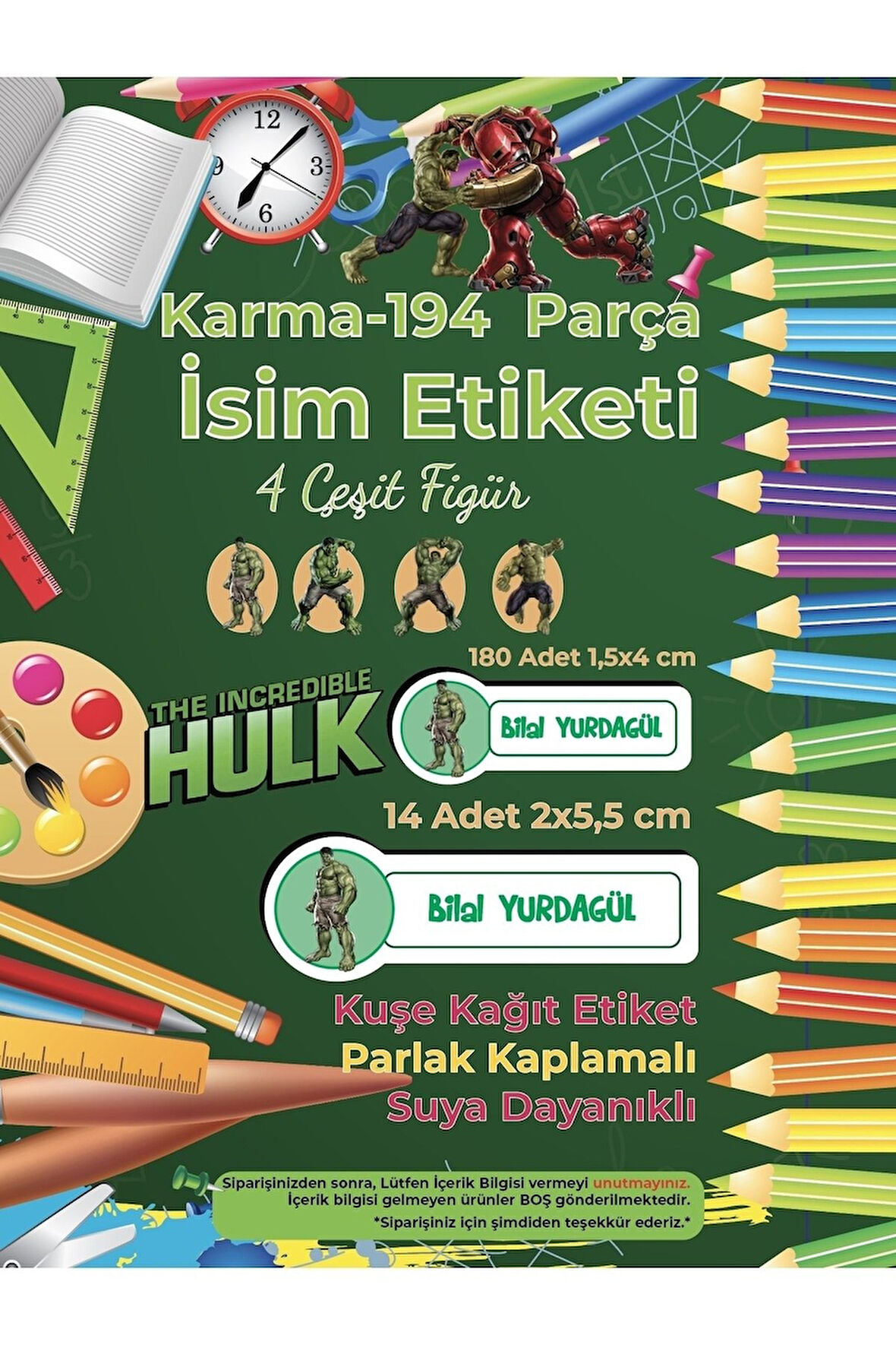 Okul Etiketi Kalem Defter Etiketi, Hulk Etiketi - 194 Adet Opak Sticker