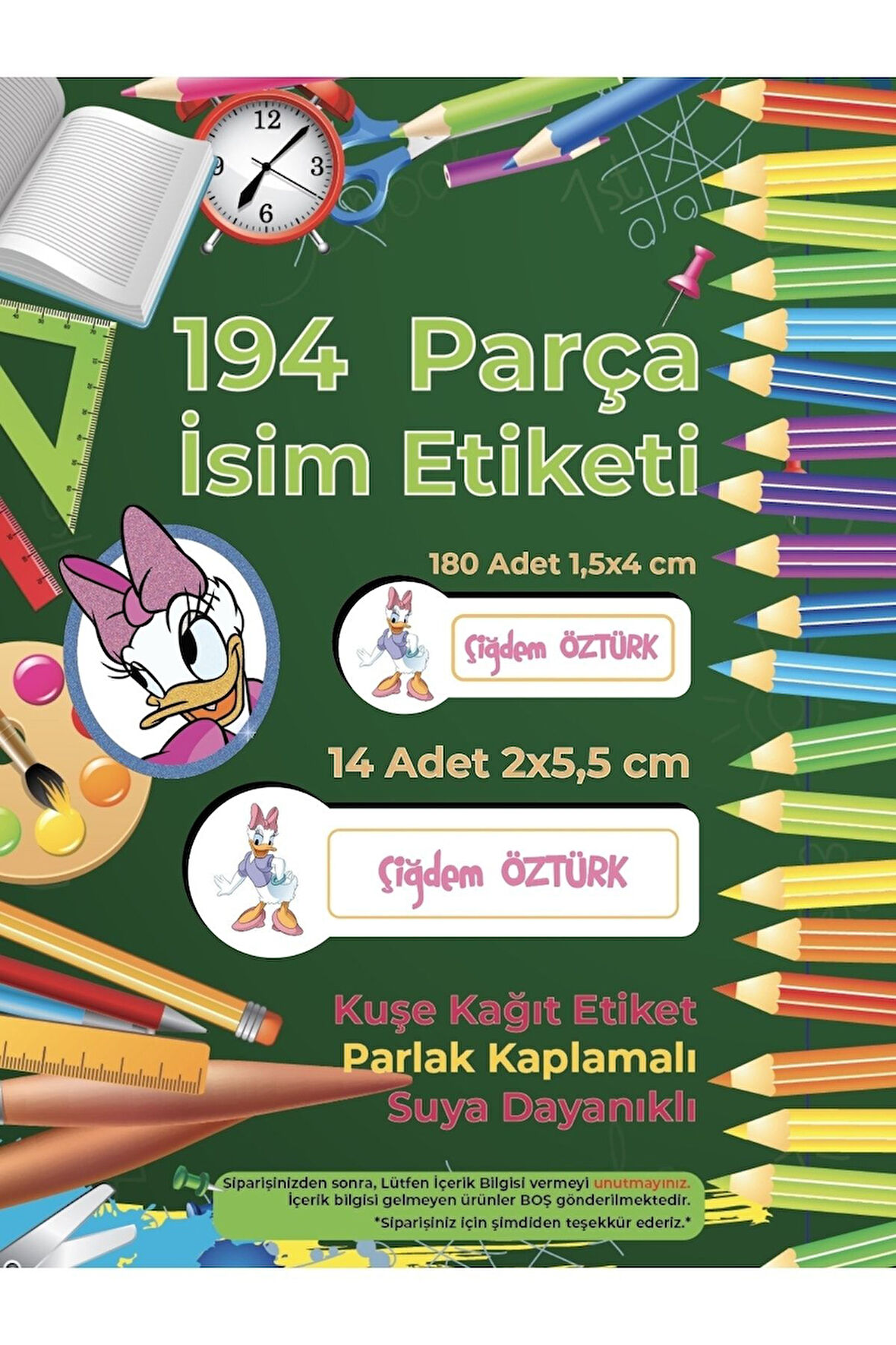 Okul Etiketi Kalem Defter Etiketi, Daisy Duck Etiketi - 194 Adet Opak Sticker