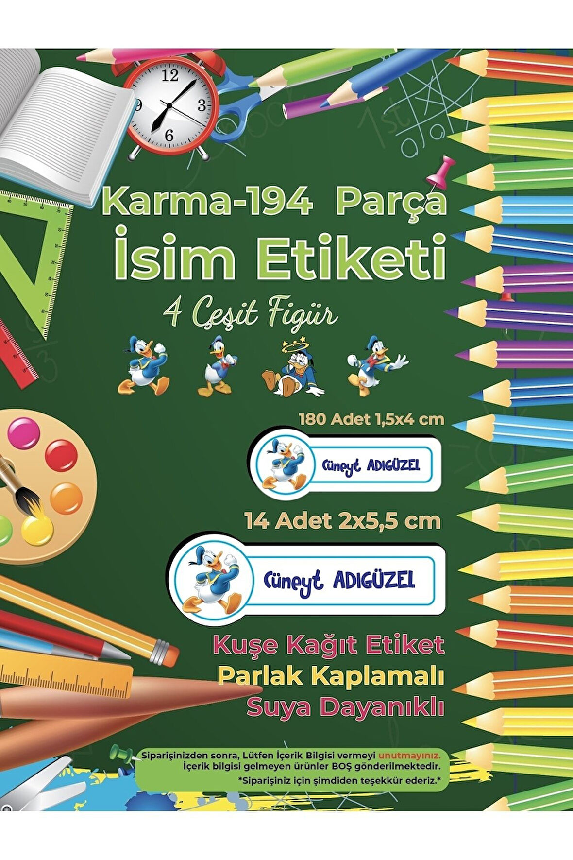 Okul Etiketi Kalem Defter Etiketi, Donald Duck Etiketi - 194 Adet Opak Sticker