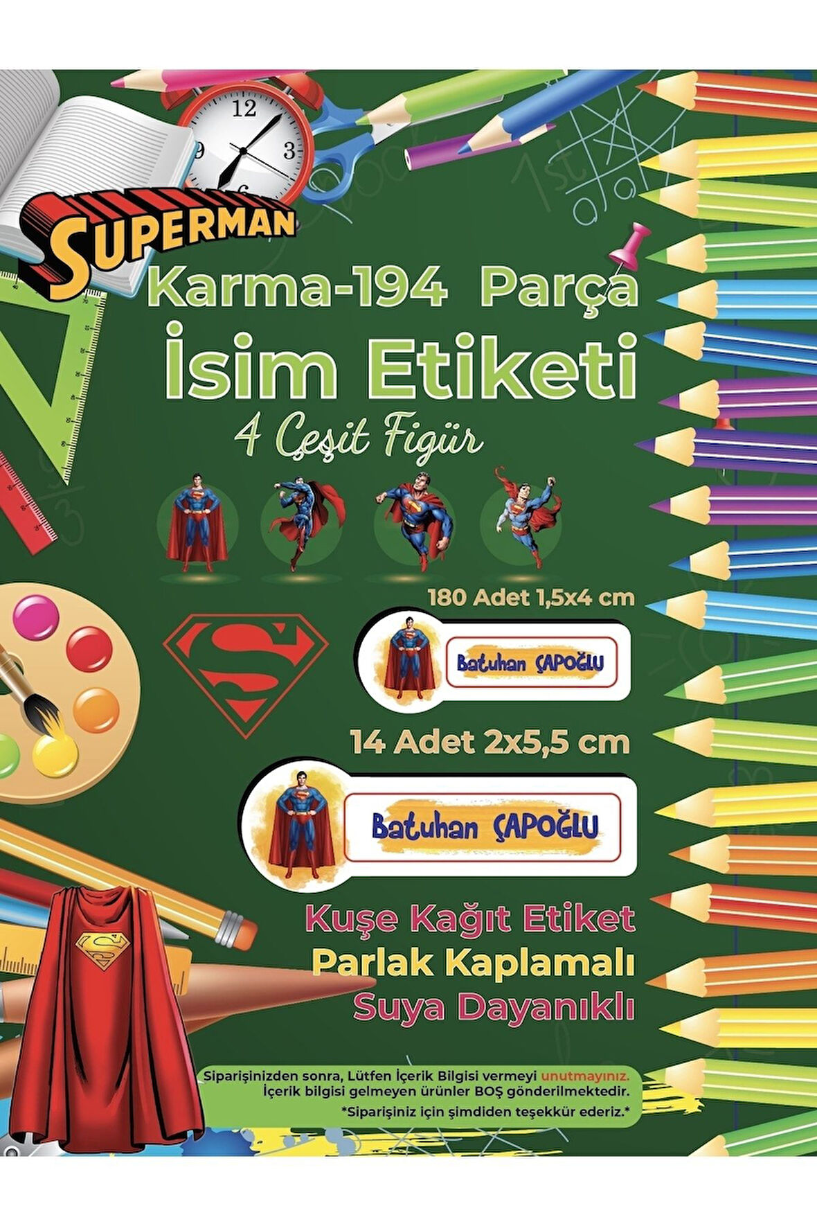 Okul Etiketi Kalem Defter Etiketi, Supermen v2 Etiketi - 194 Adet Opak Sticker