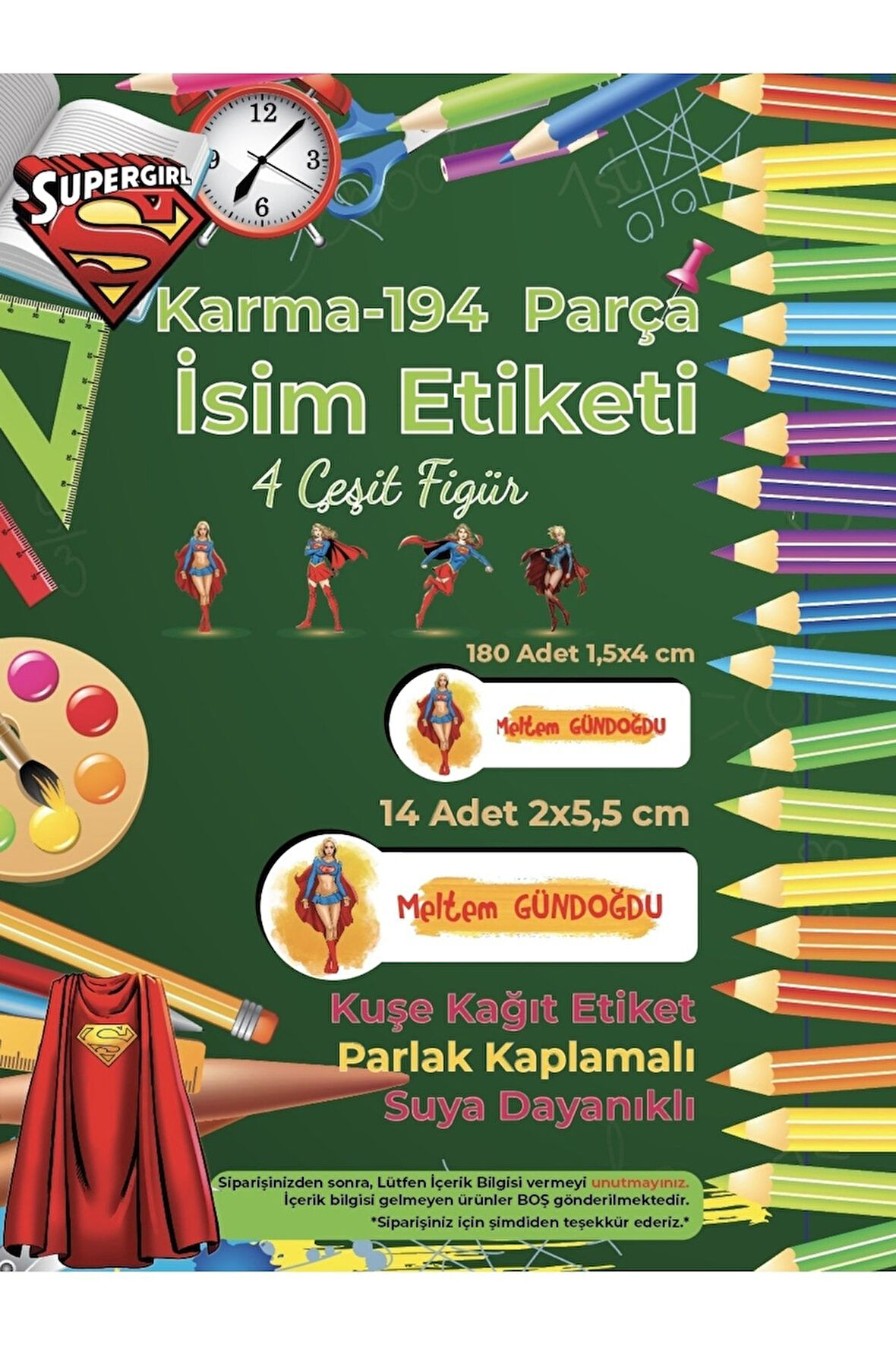 Okul Etiketi Kalem Defter Etiketi, SuperGirl Etiketi - 194 Adet Opak Sticker
