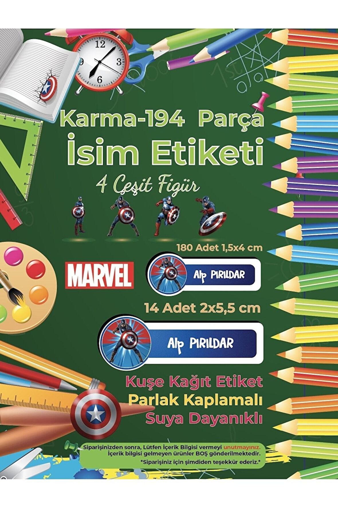 Okul Etiketi Kalem Defter Etiketi, Kaptan Amerika Etiketi - 194 Adet Opak Sticker