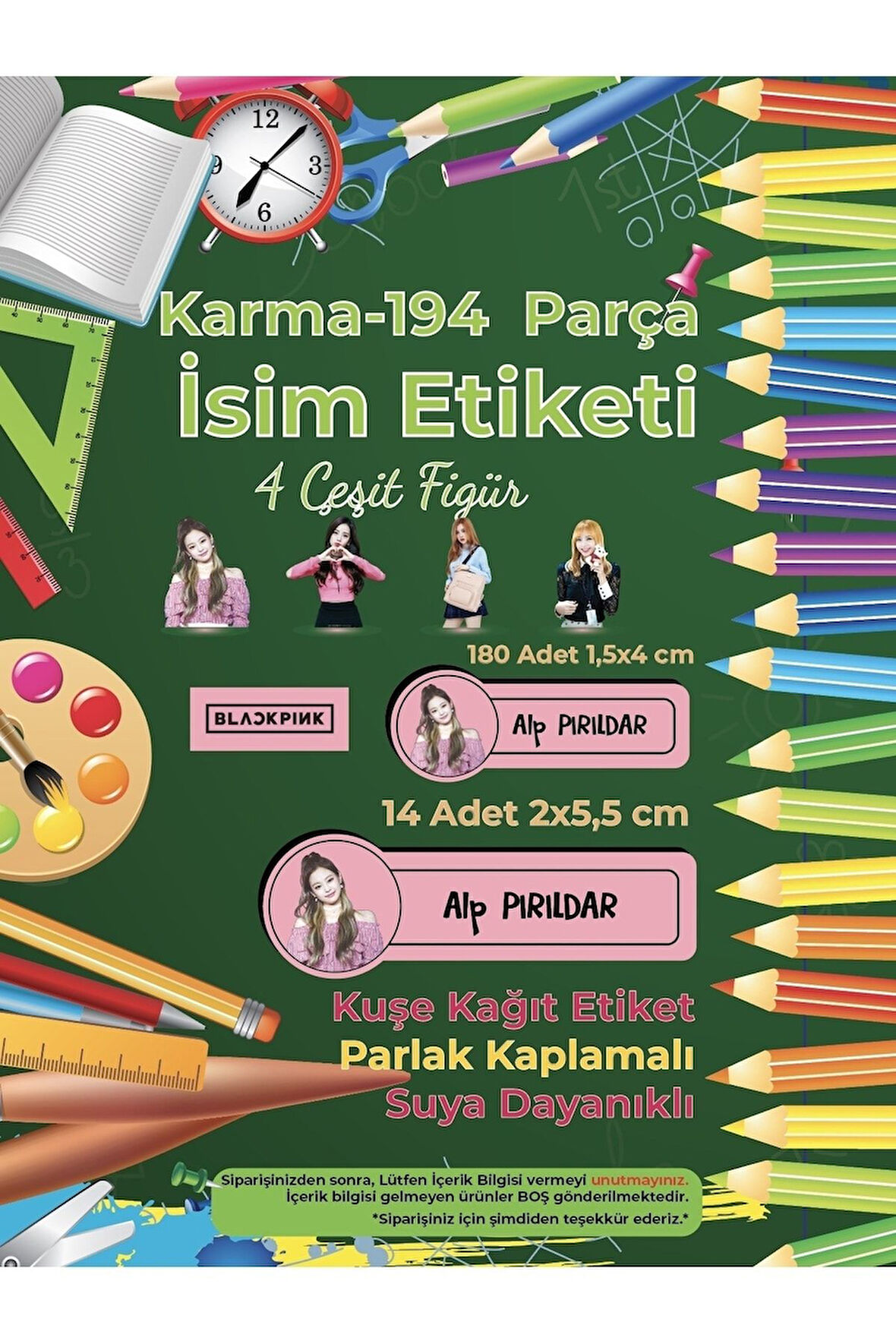 Okul Etiketi Kalem Defter Etiketi, Black Pink Etiketi - 194 Adet Opak Sticker