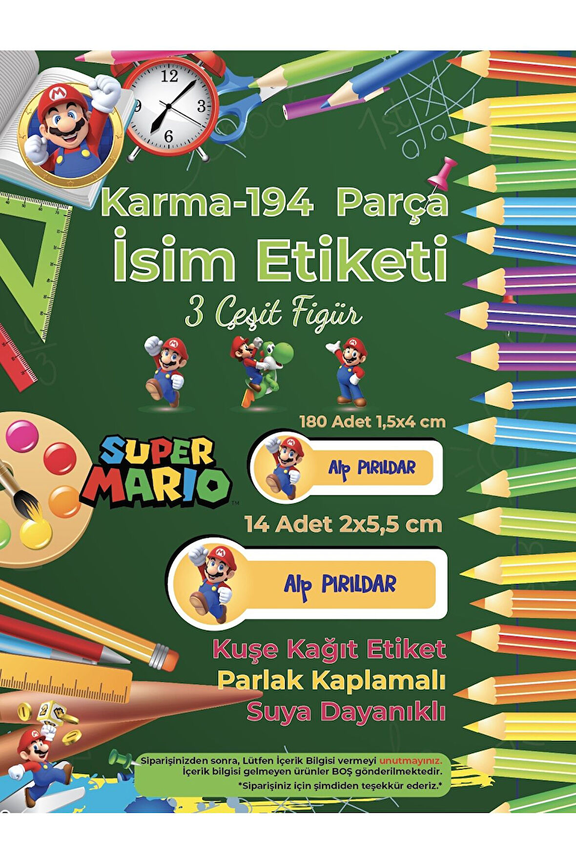 Okul Etiketi Kalem Defter Etiketi, Super Mario Etiketi - 194 Adet Opak Sticker
