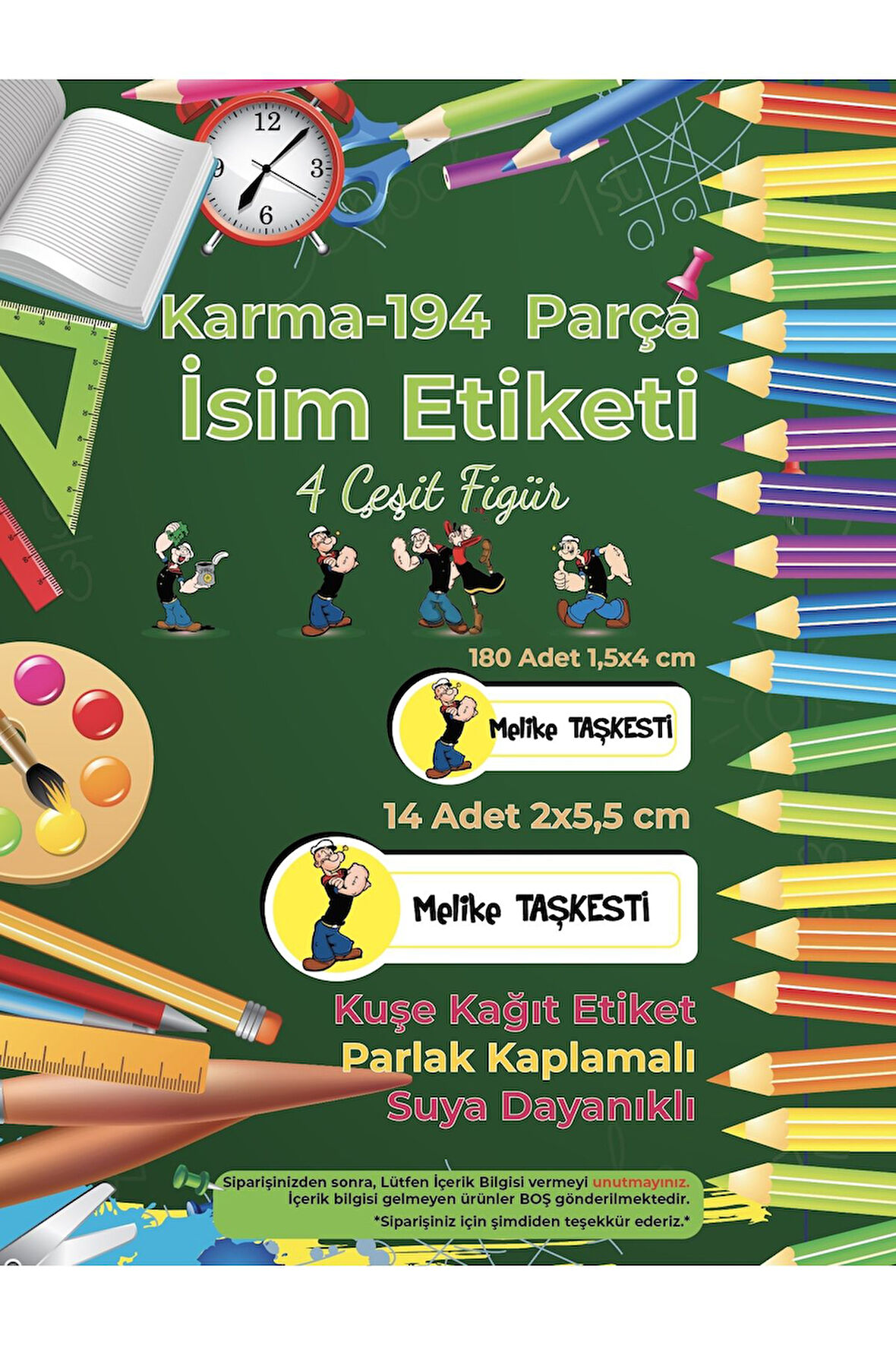 Okul Etiketi Kalem Defter Etiketi, Temel Reis Etiketi - 194 Adet Opak Sticker
