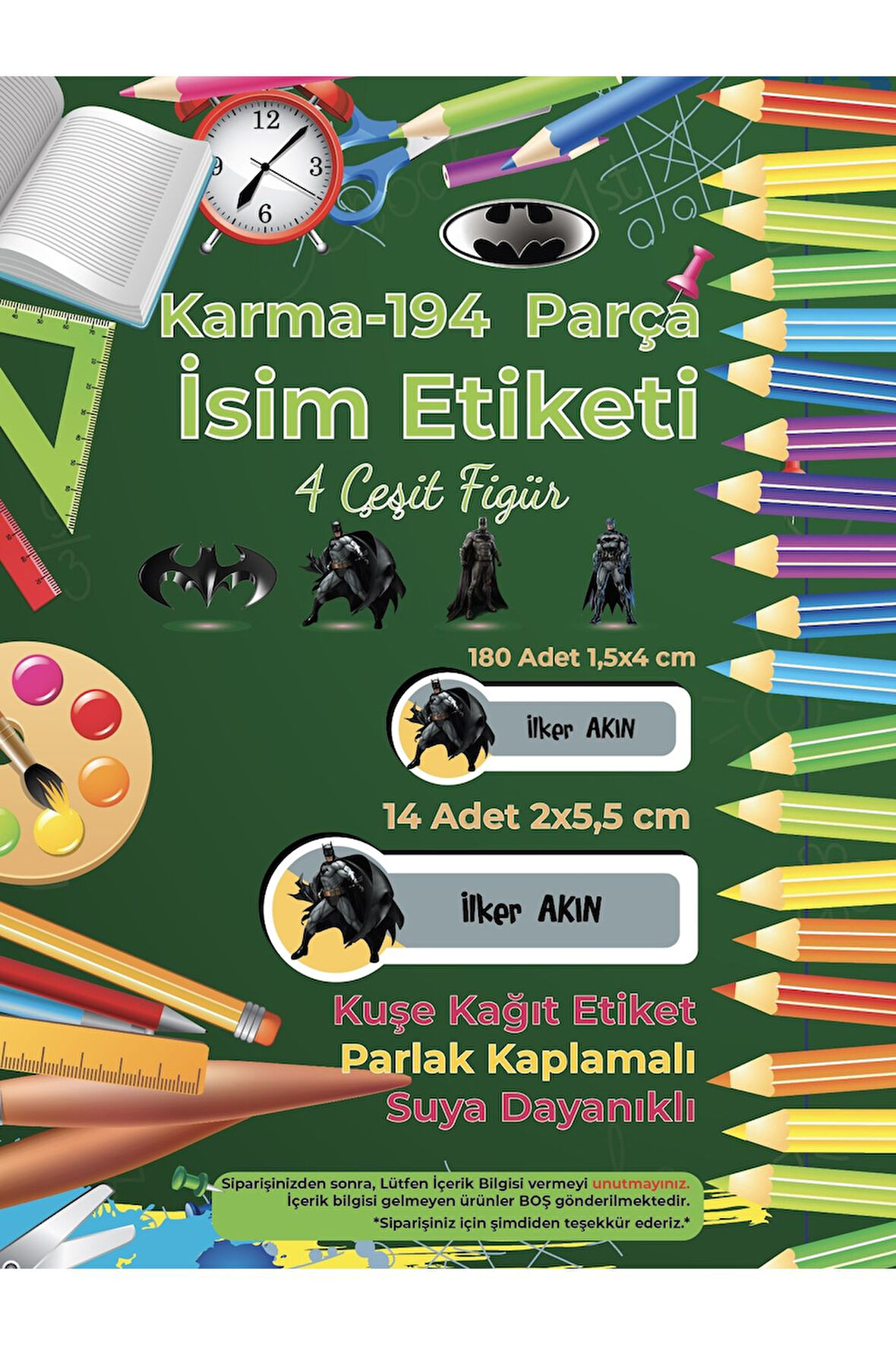 Okul Etiketi Kalem Defter Etiketi, Batman Etiketi - 194 Adet Opak Sticker